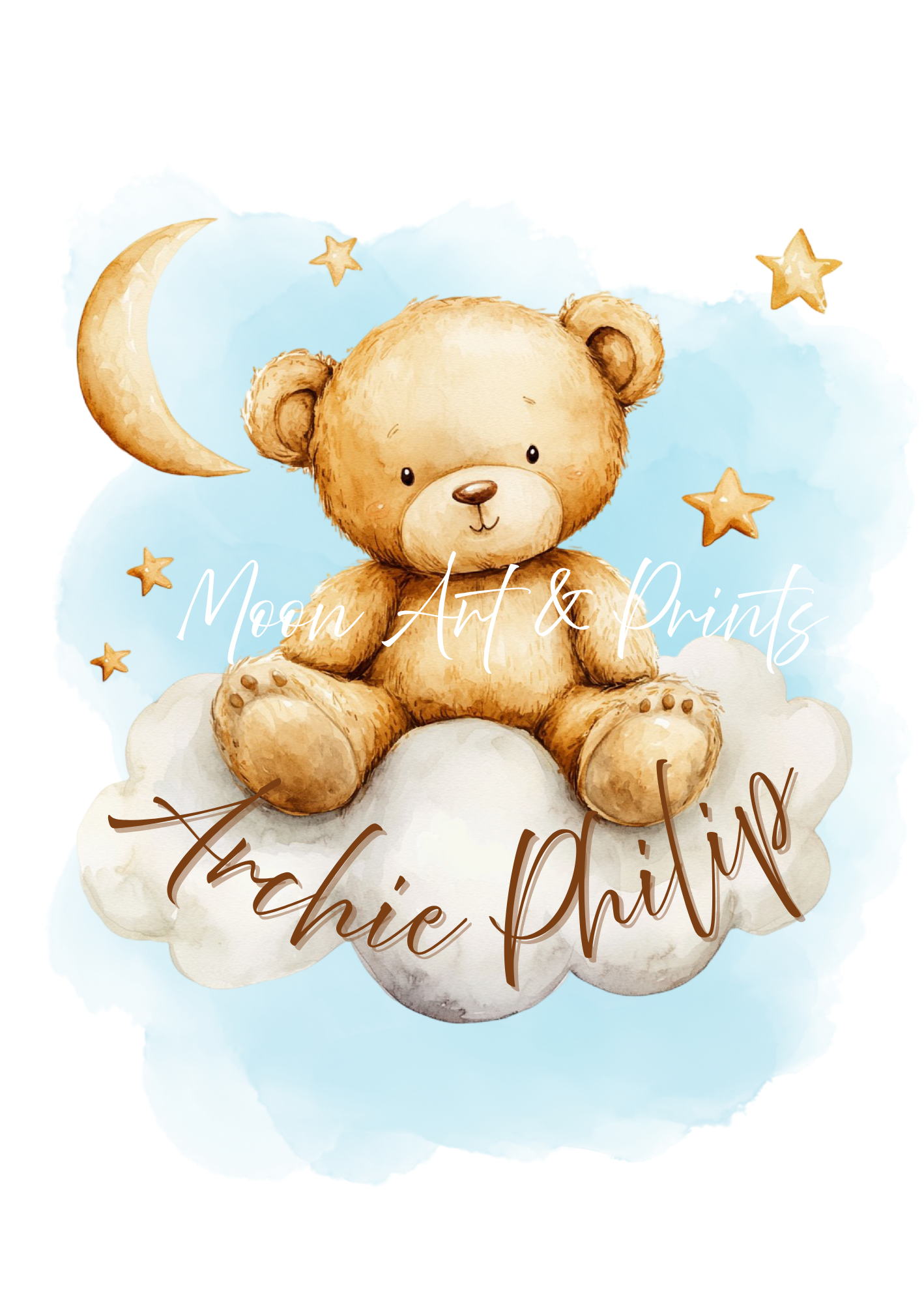 Personalised teddy bear nursery wall art in soft blue tones for baby boy room