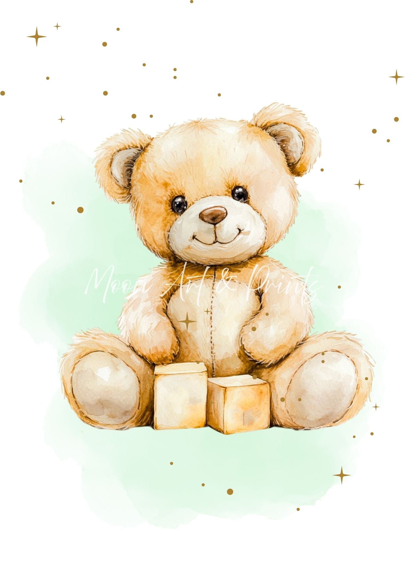 Teddy bear on a light green background with small gold stars