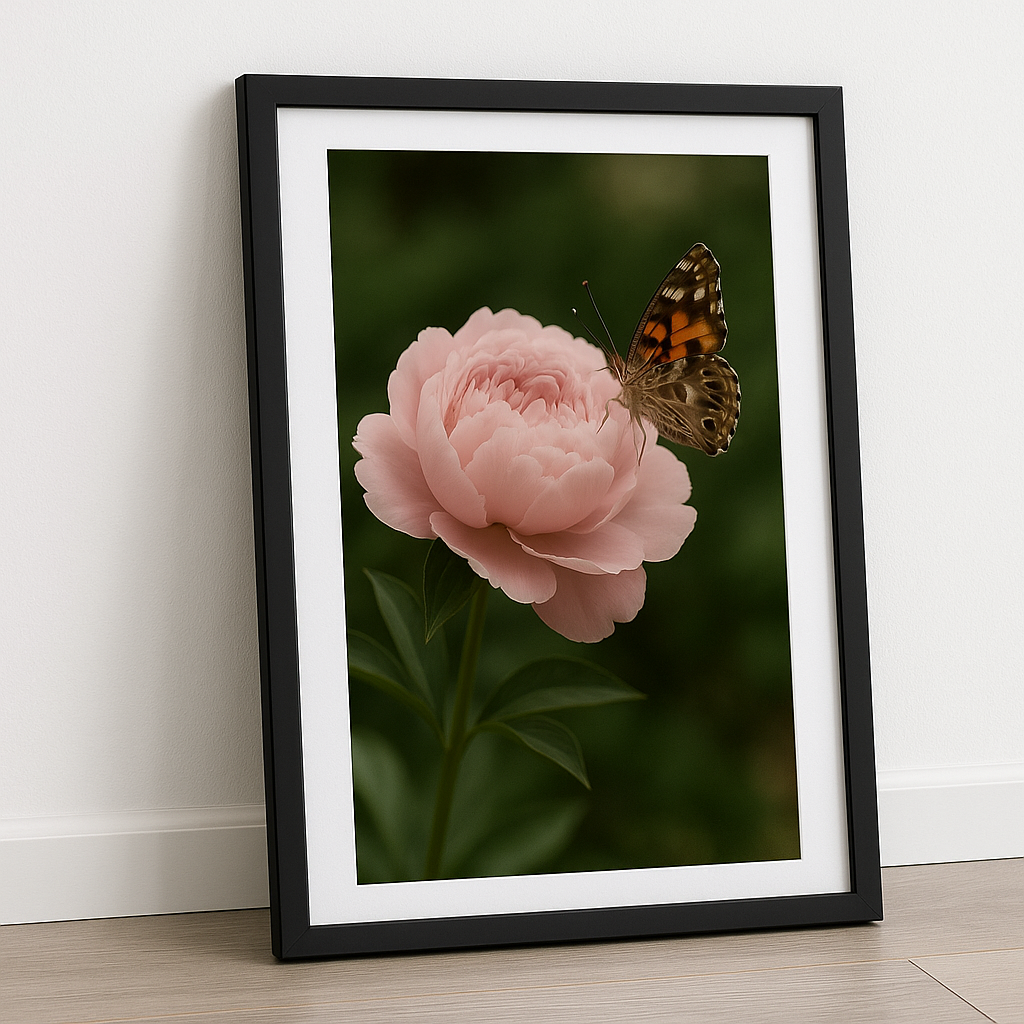 Elegant peony and butterfly wall art print in soft pastel tones