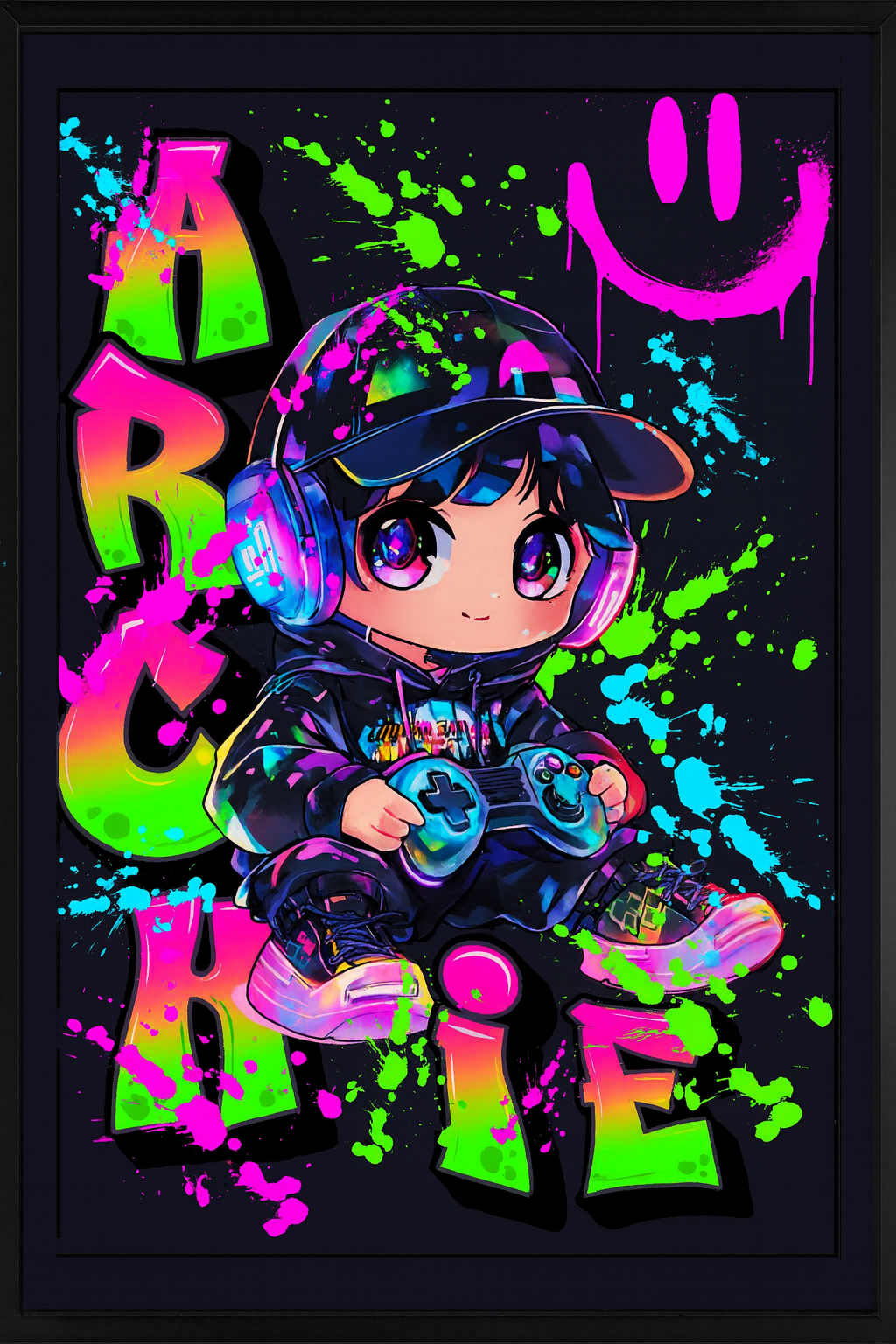 Personalised neon gamer wall art print with bold colourful design