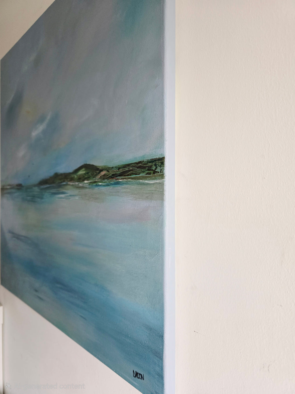 Original abstract seascape painting in soft blue tones titled Still Waters, 60x60cm acrylic on canvas