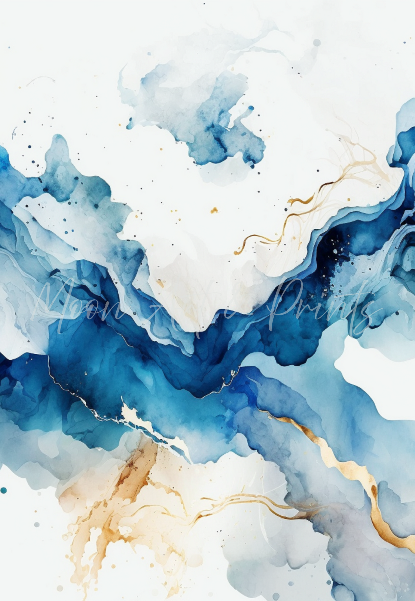 Abstract art with blue, white, and gold colors on a white background