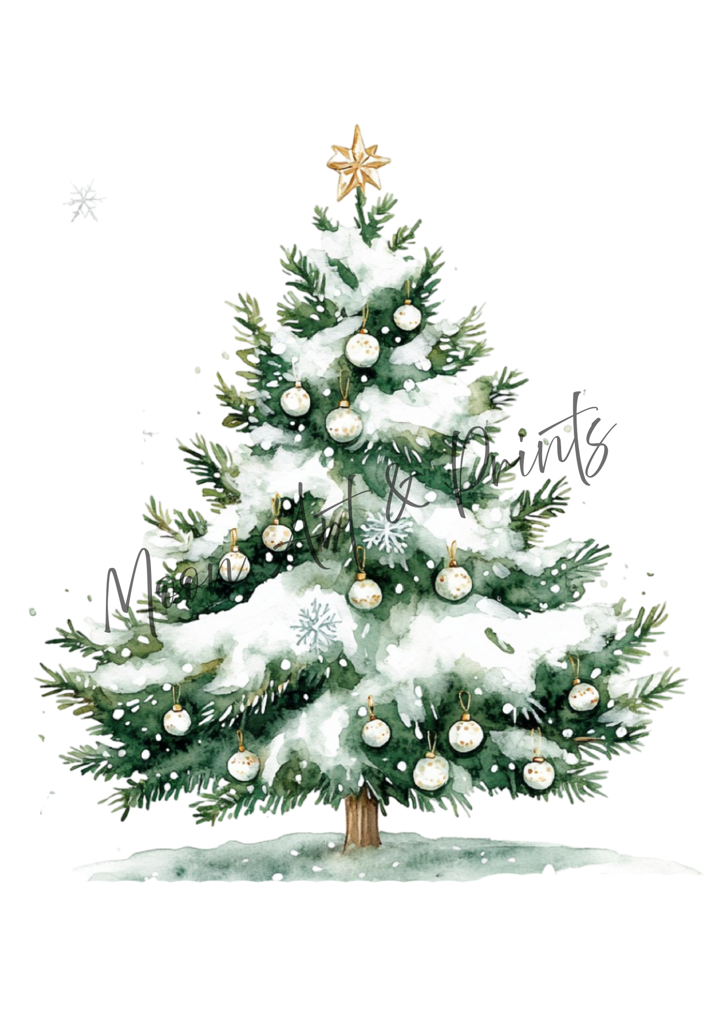 Watercolour Christmas tree covered in snow, decorated with gold baubles and topped with a gold star.