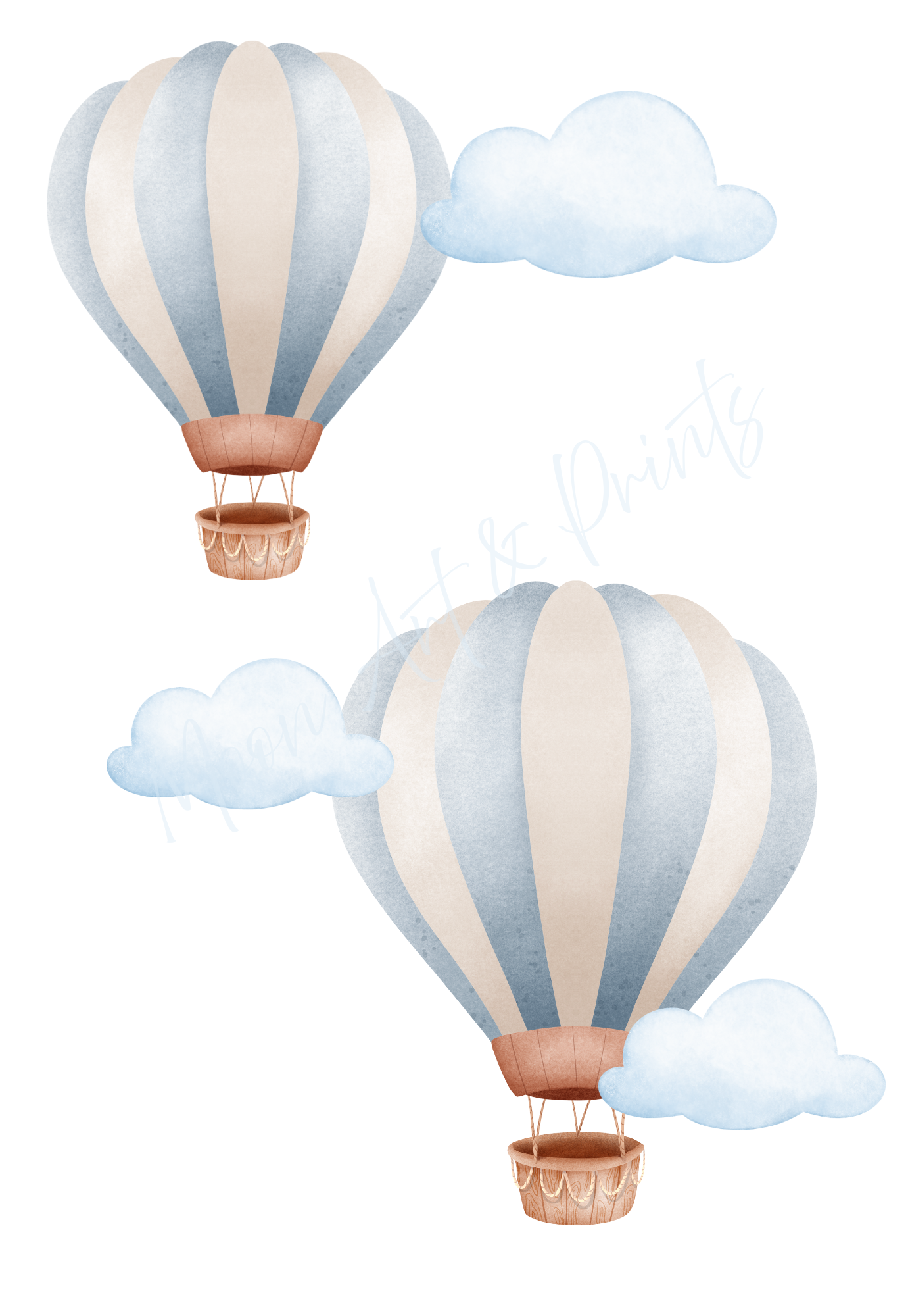 Two striped hot air balloons with clouds on a white background