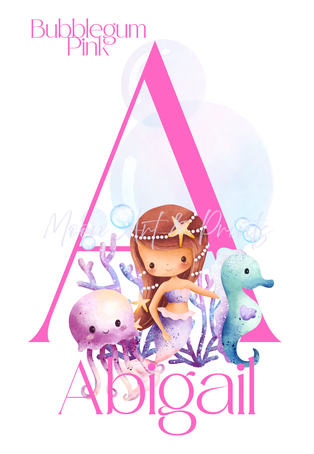 Personalised mermaid wall art with initial A and name Abigail in pink theme for girls bedroom