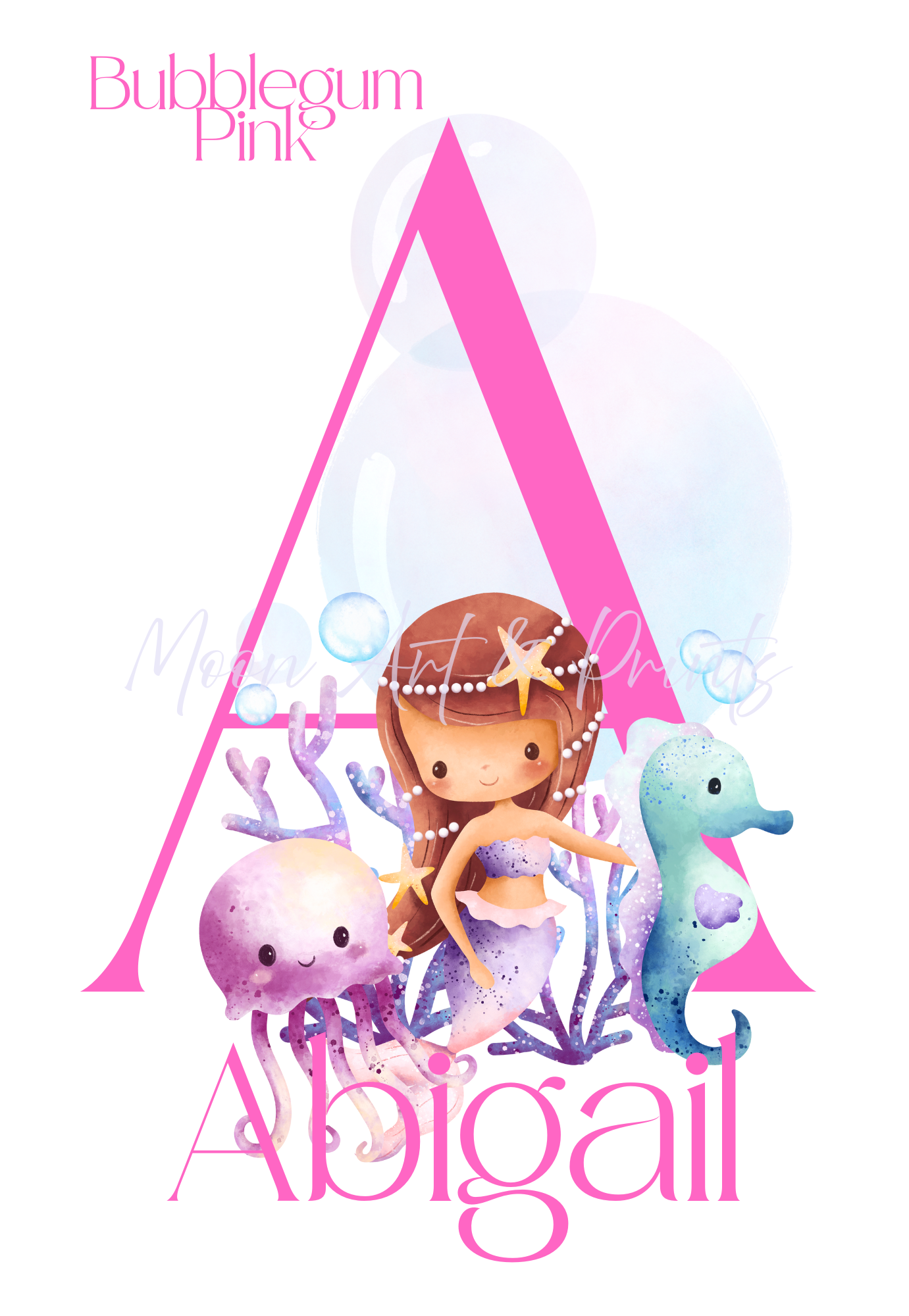 Personalised mermaid wall art with initial A and name Abigail in pink theme for girls bedroom