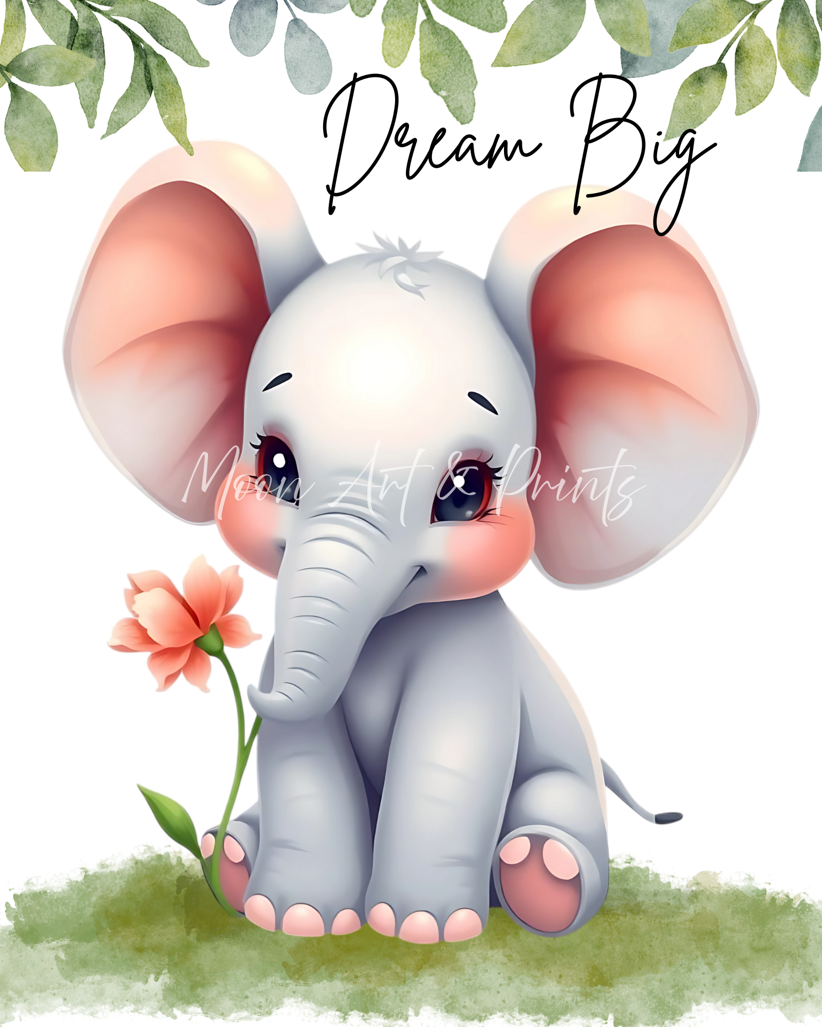 Dream Big elephant nursery wall art print for baby room