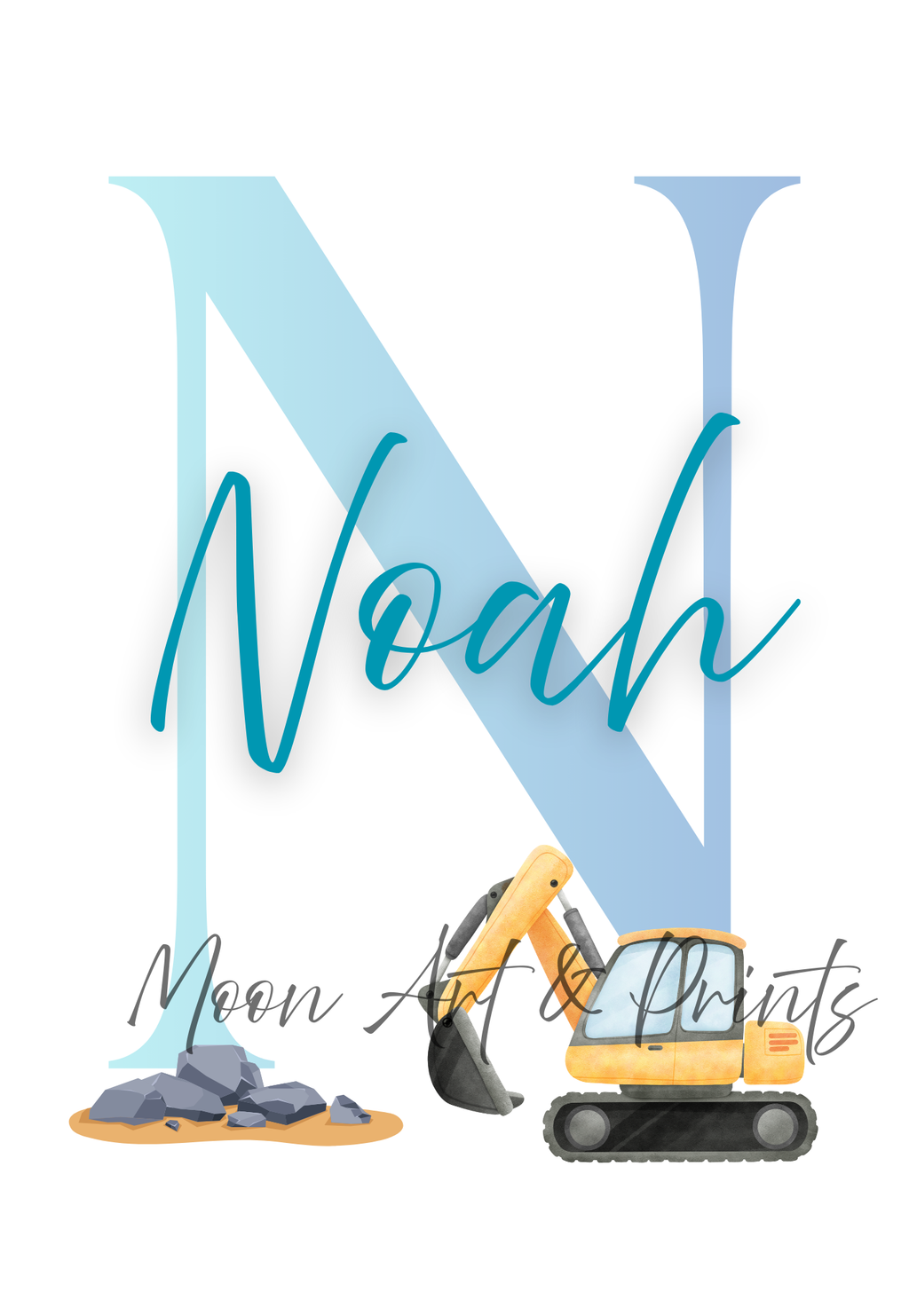 Personalised children’s print featuring the letter N, the name Noah and a yellow digger illustration in a construction theme.