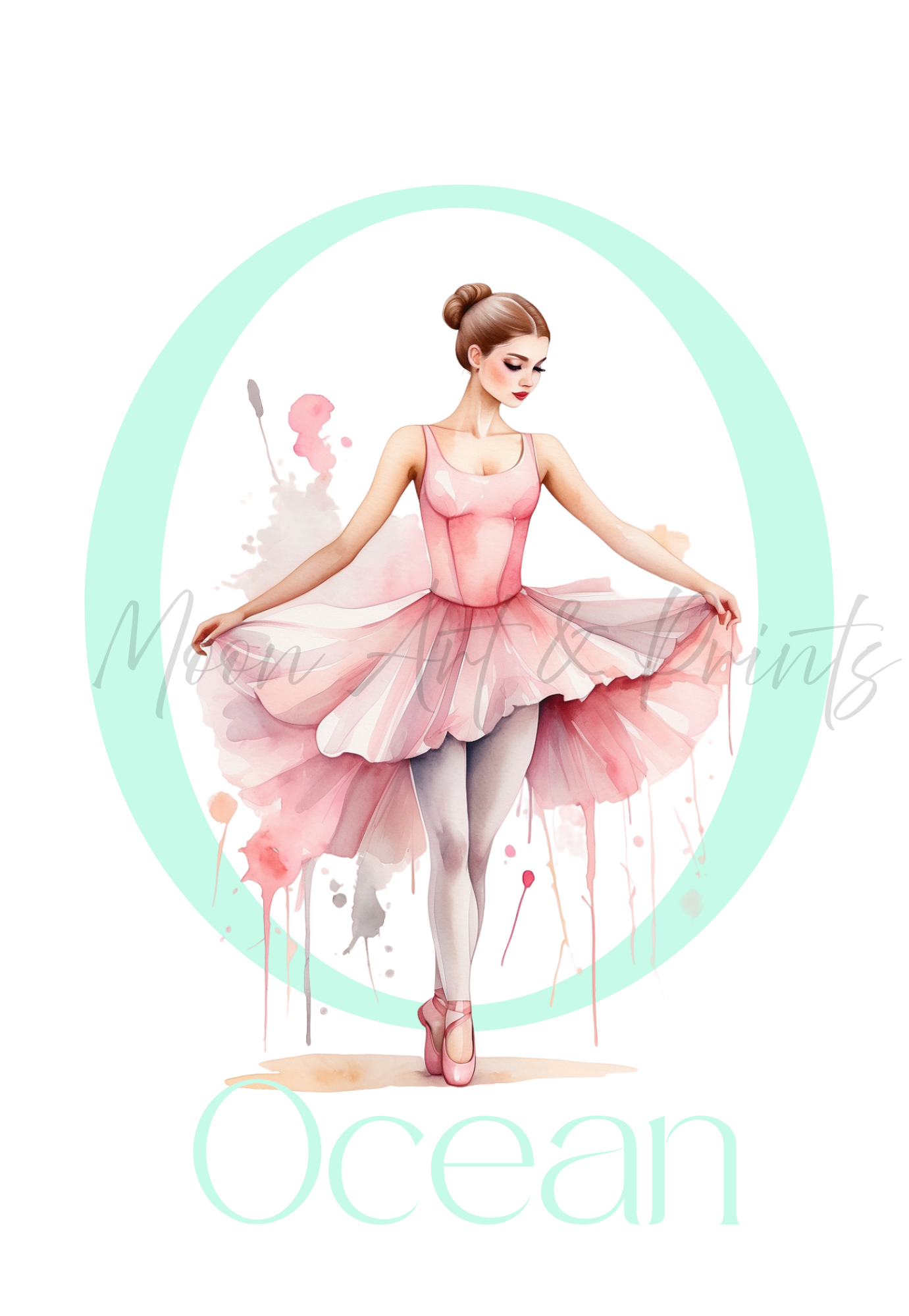 Illustration of a ballerina in a pink dress with name and initial 