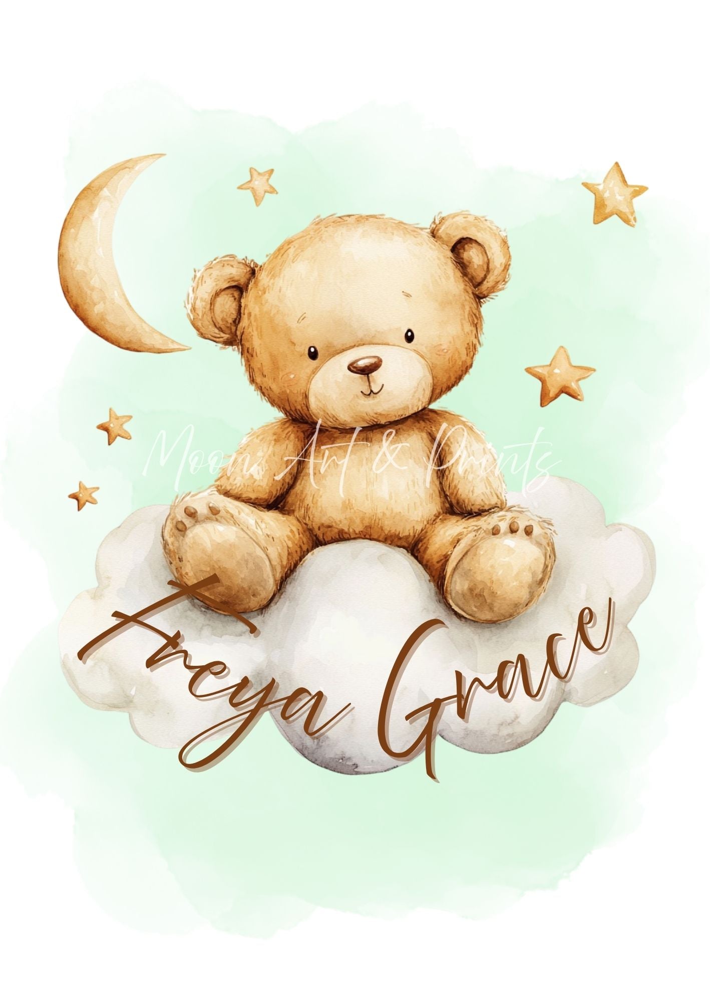 Teddy bear on a cloud with name against a light green background