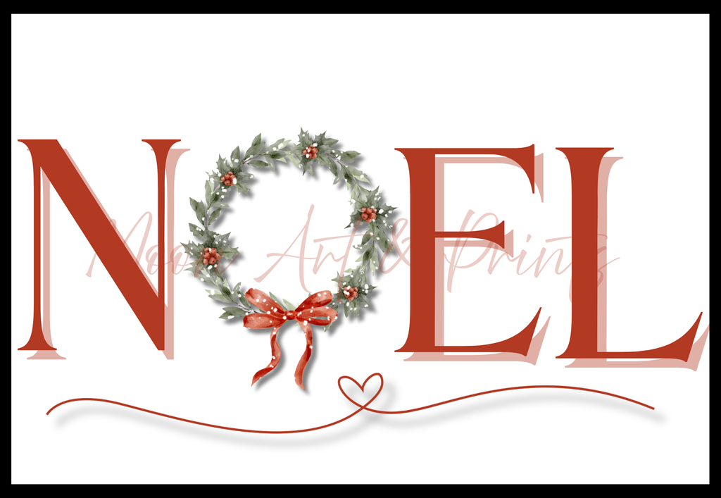 Watercolour “NOEL” typography print with a holly wreath and red bow replacing the letter O, with a decorative heart underline.