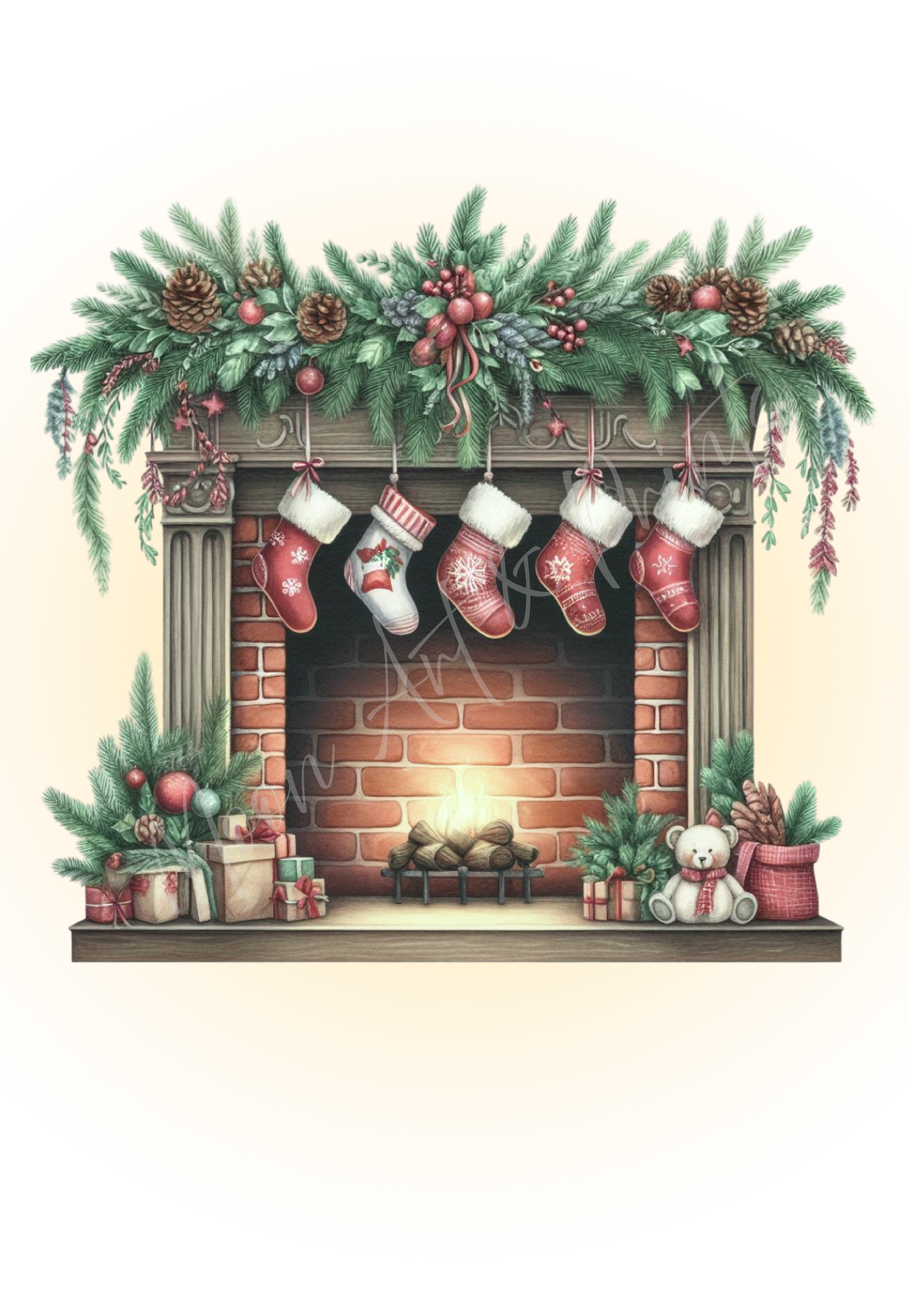 Christmas fireplace wall art print with cosy winter decor theme