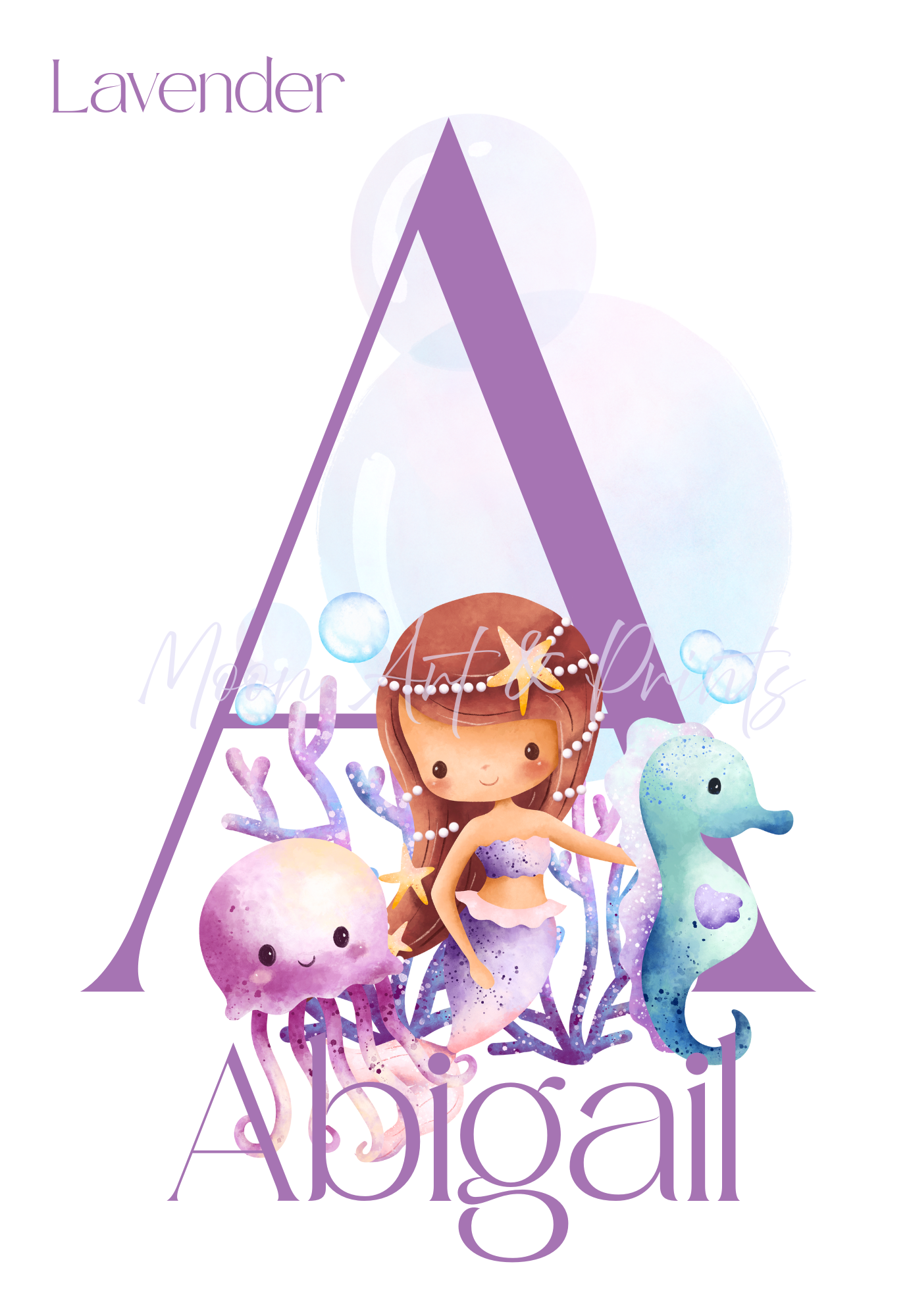 Custom mermaid name print with letter A and Abigail in lavender purple nursery decor