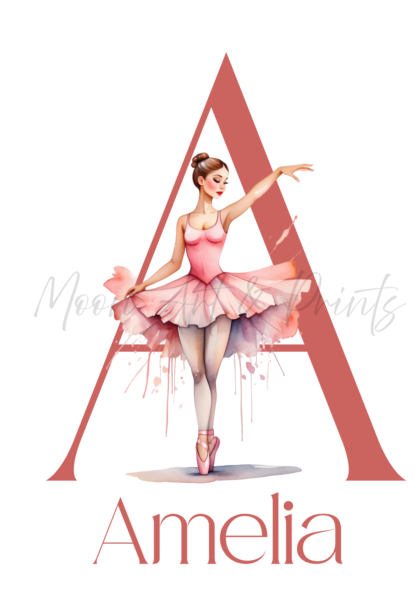 Illustration of a ballerina in a pink tutu with a large letter 'A' and the name 'Amelia' on a white background.