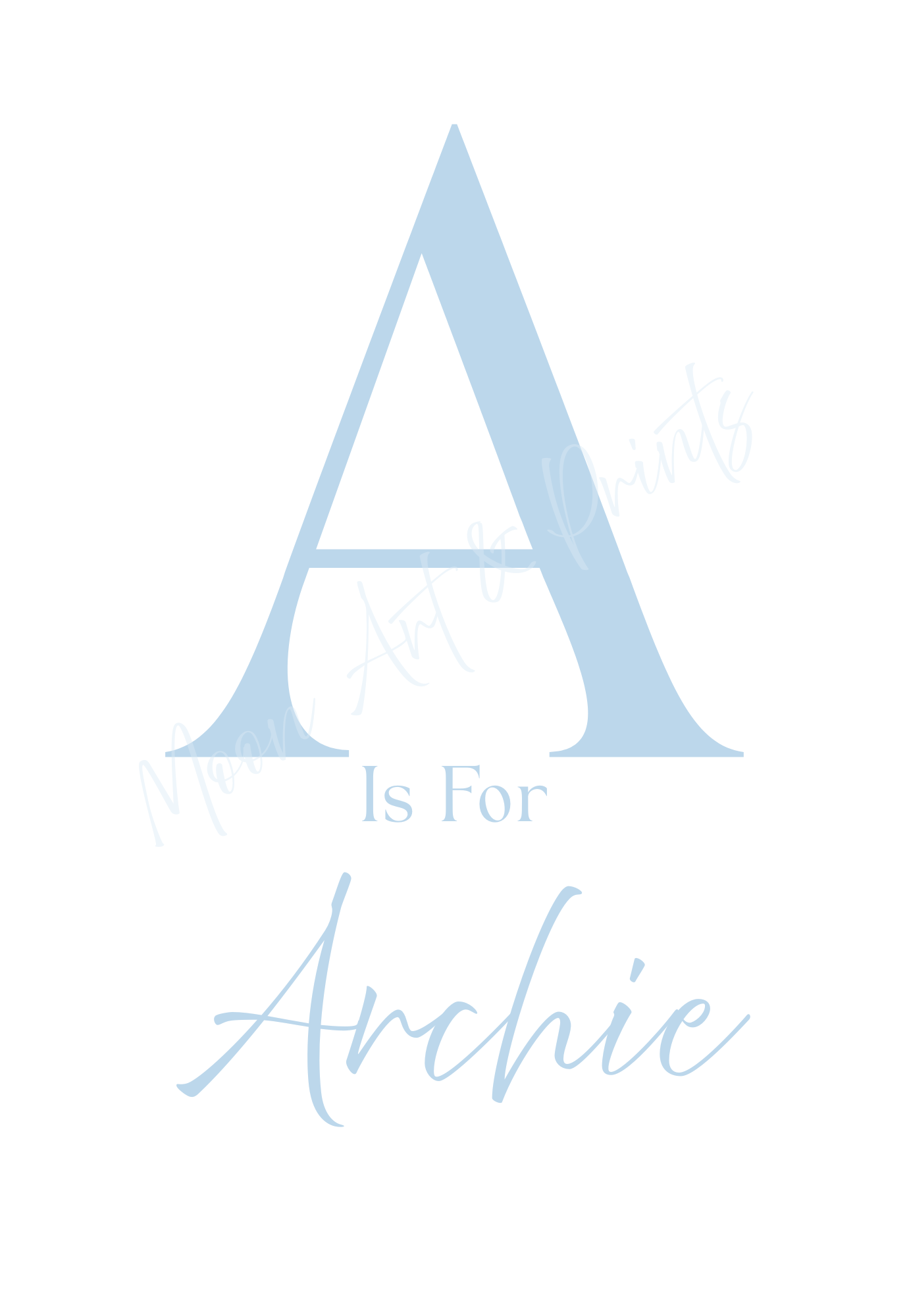 Blue letter 'A' with text 'A is for Archie' on a white background