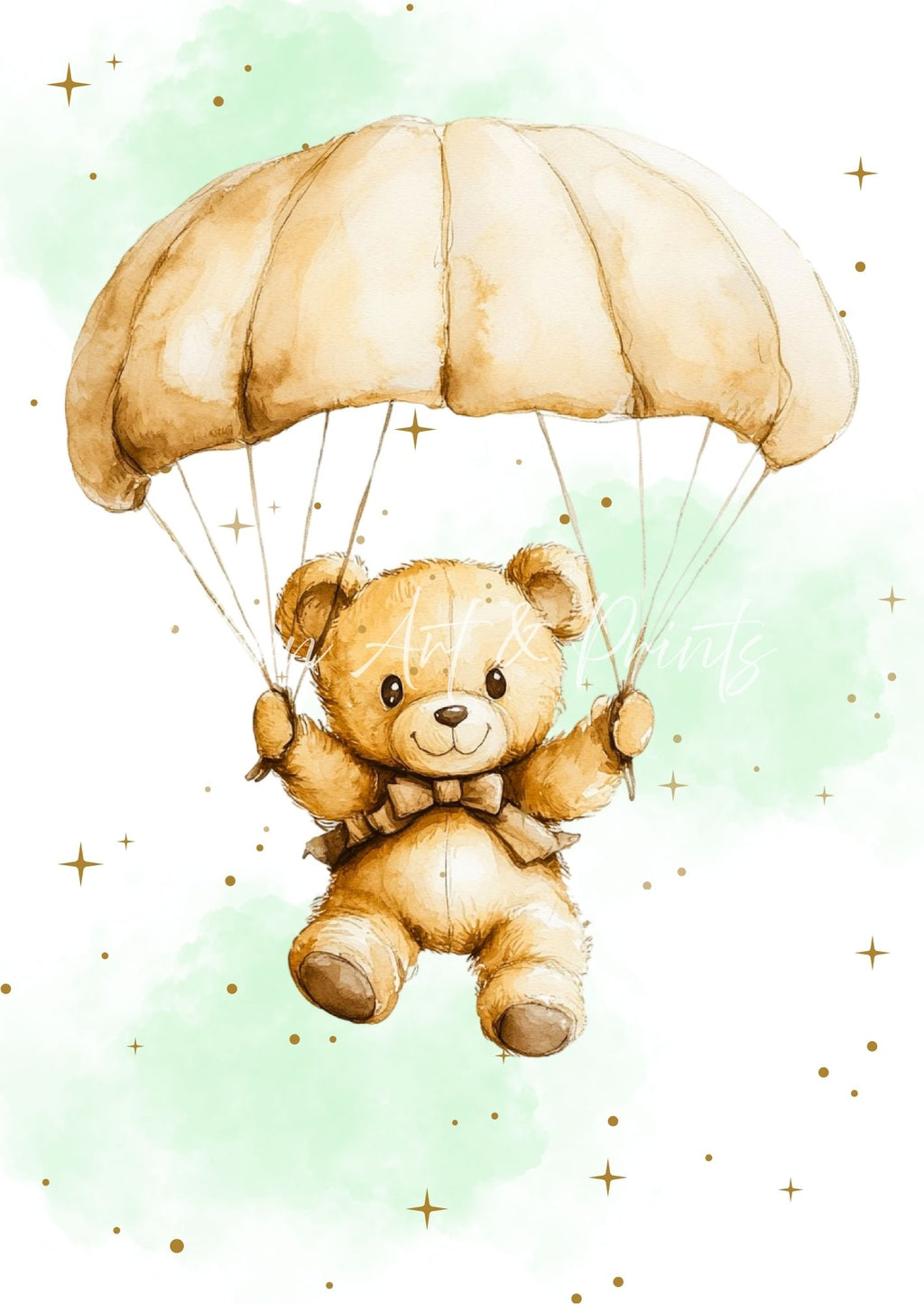 Illustration of a teddy bear with a parachute on a light green background