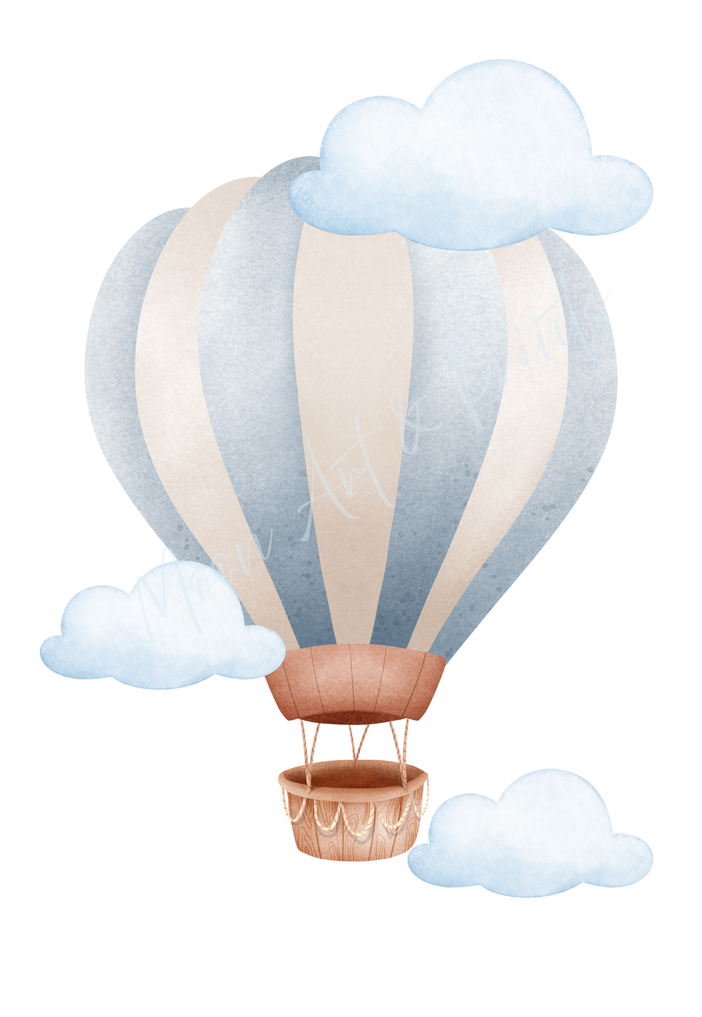 Hot air balloon with striped design and clouds on a white background
