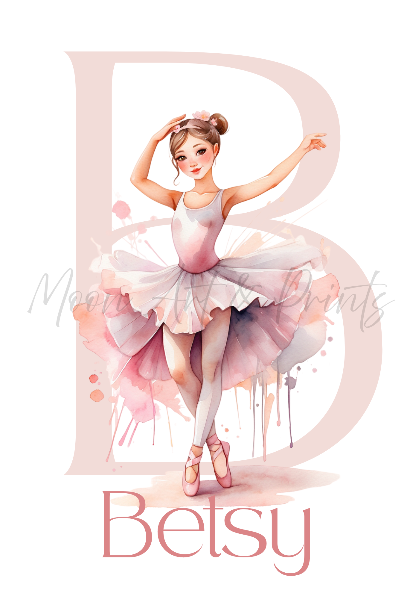 Illustration of a ballerina in a tutu with the letter 'B' and name 'Betsy' on a white background.