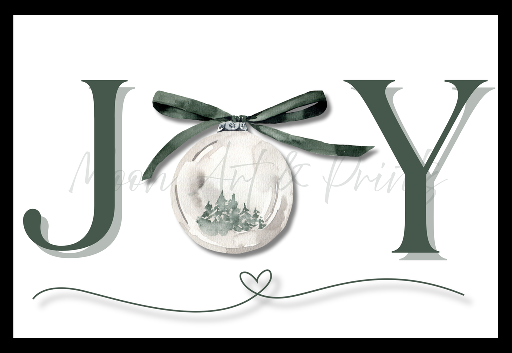 Watercolour “JOY” typography print with a bauble illustration replacing the letter O, featuring a ribbon and forest scene.