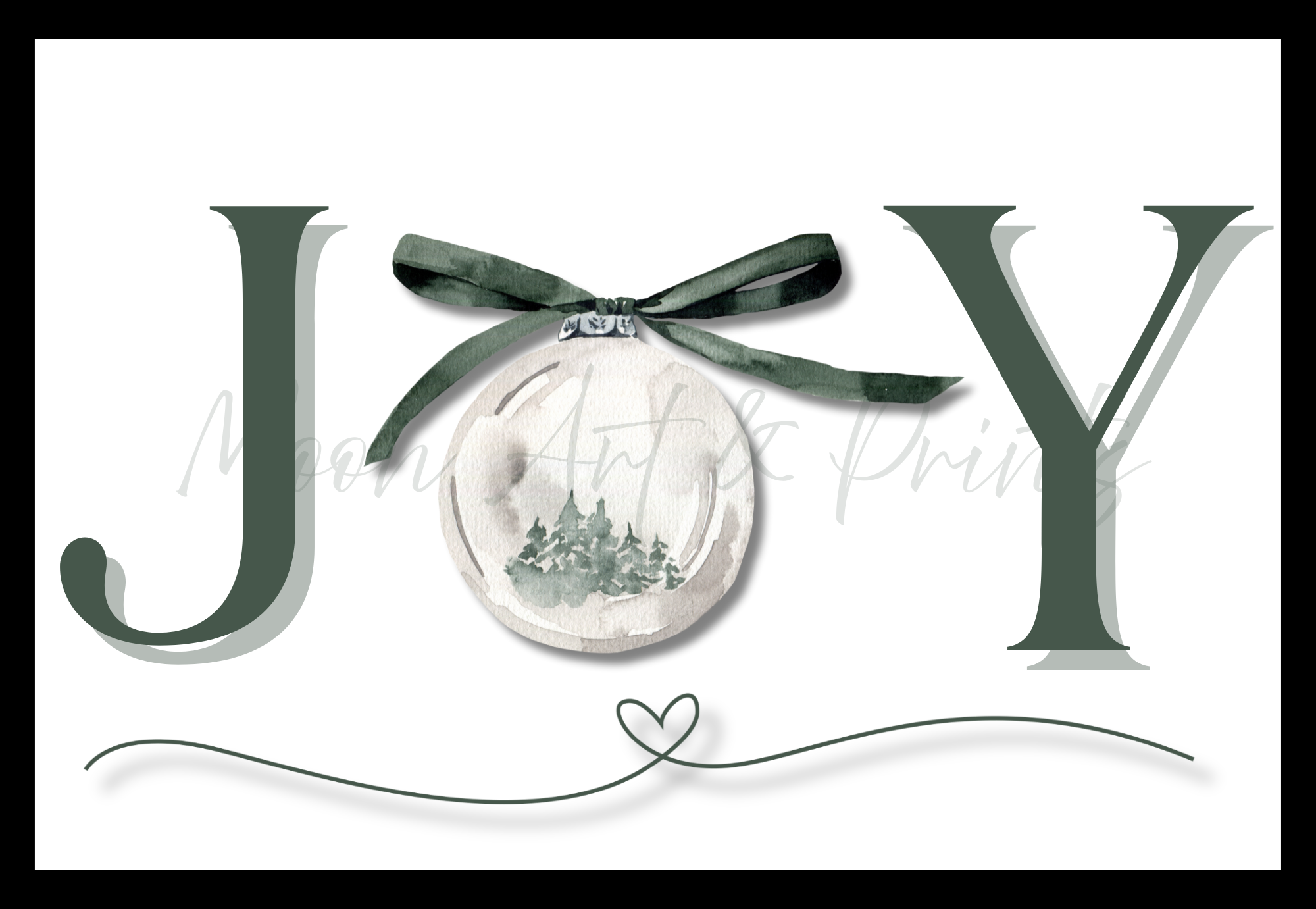 Watercolour “JOY” typography print with a bauble illustration replacing the letter O, featuring a ribbon and forest scene.