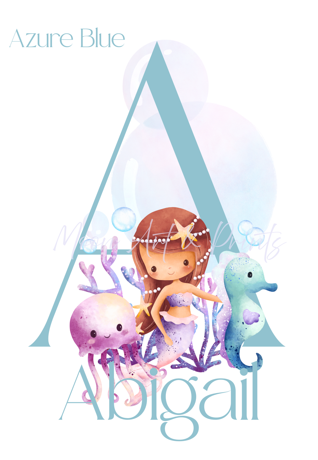 Personalised underwater mermaid print with seahorse and jellyfish featuring initial A