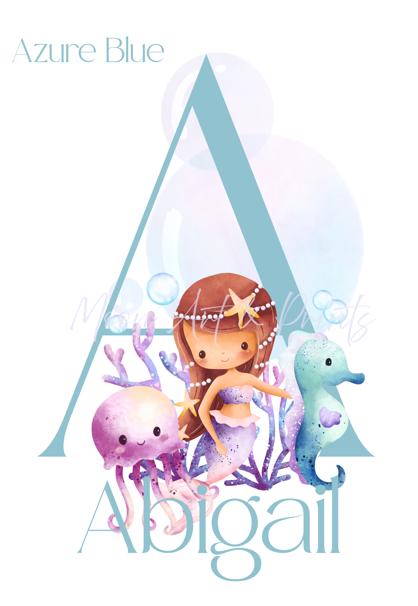 Personalised underwater mermaid print with seahorse and jellyfish featuring initial A