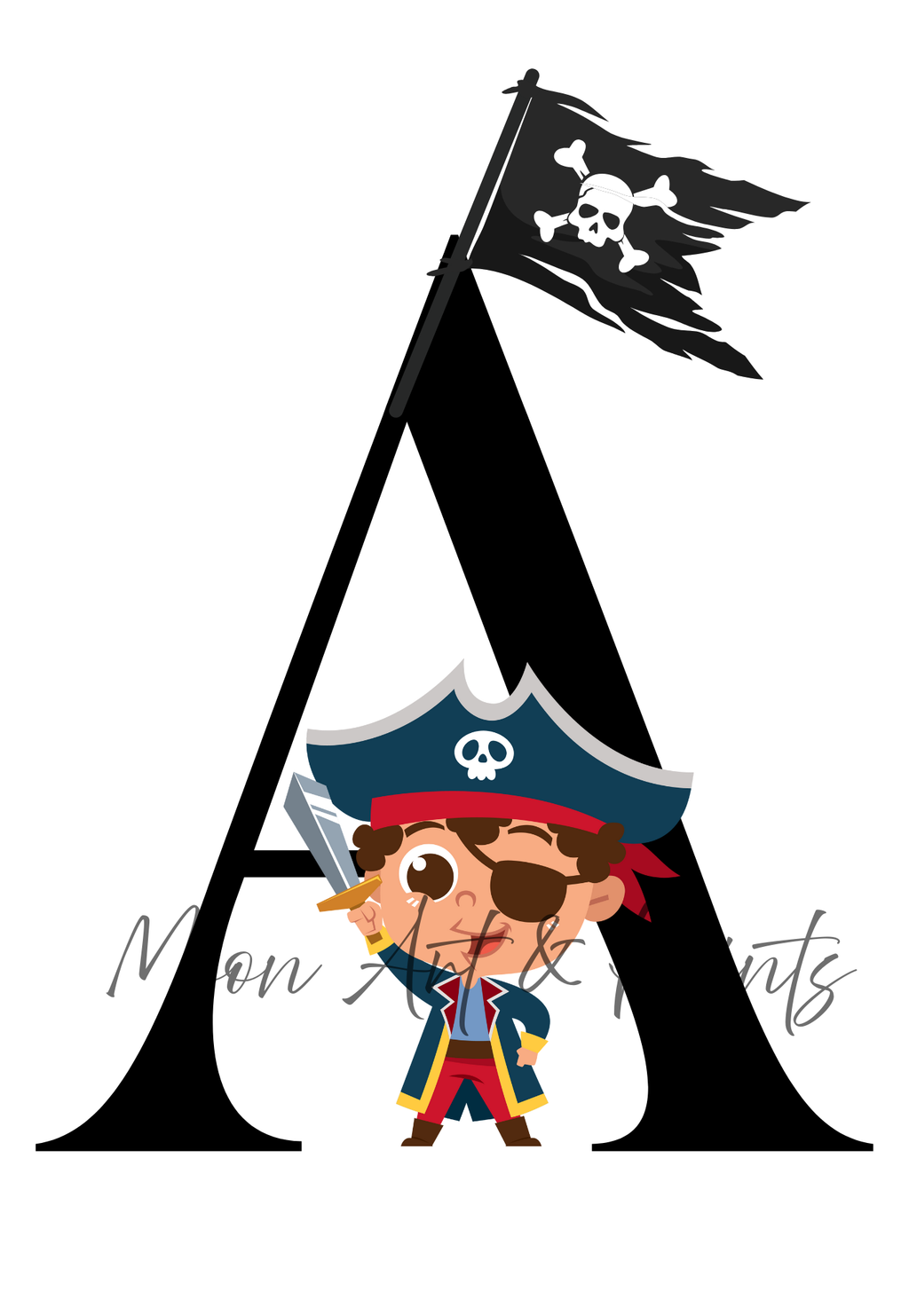 Personalised children’s print featuring child's name and initial with a pirate theme 