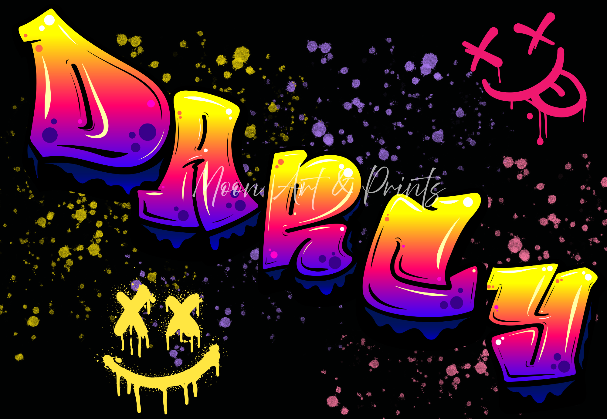 Bold neon graffiti name wall art for gaming room