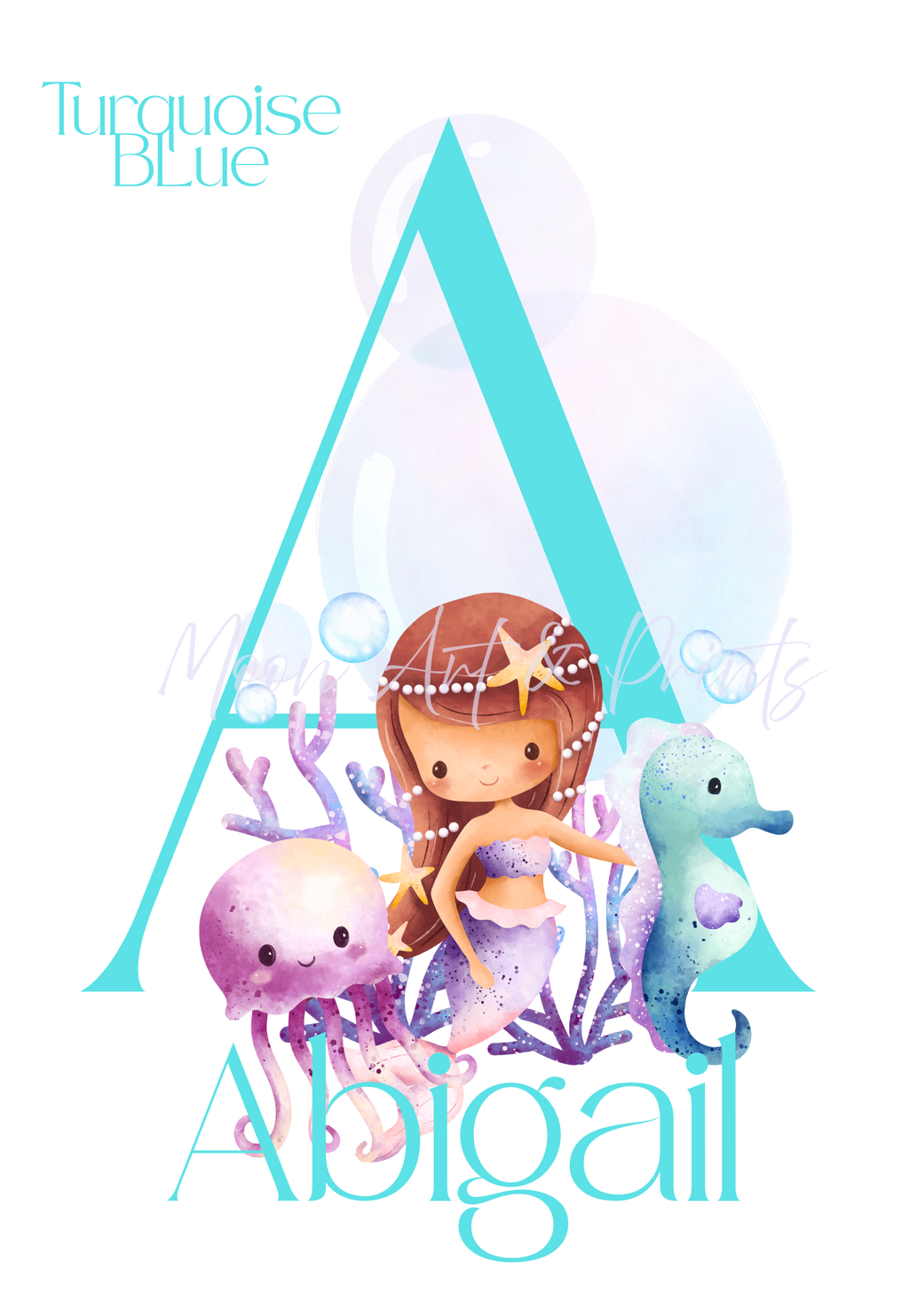 Turquoise mermaid nursery wall art with name Abigail and sea creatures for childrens room
