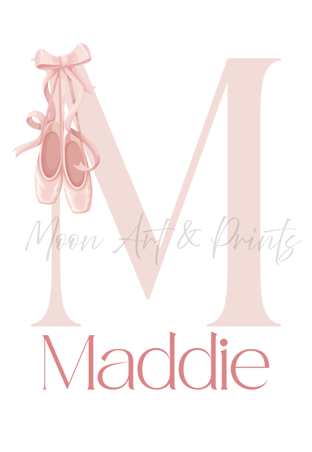 Pink ballet shoes with a large 'M' and the name 'Maddie' on a white background.