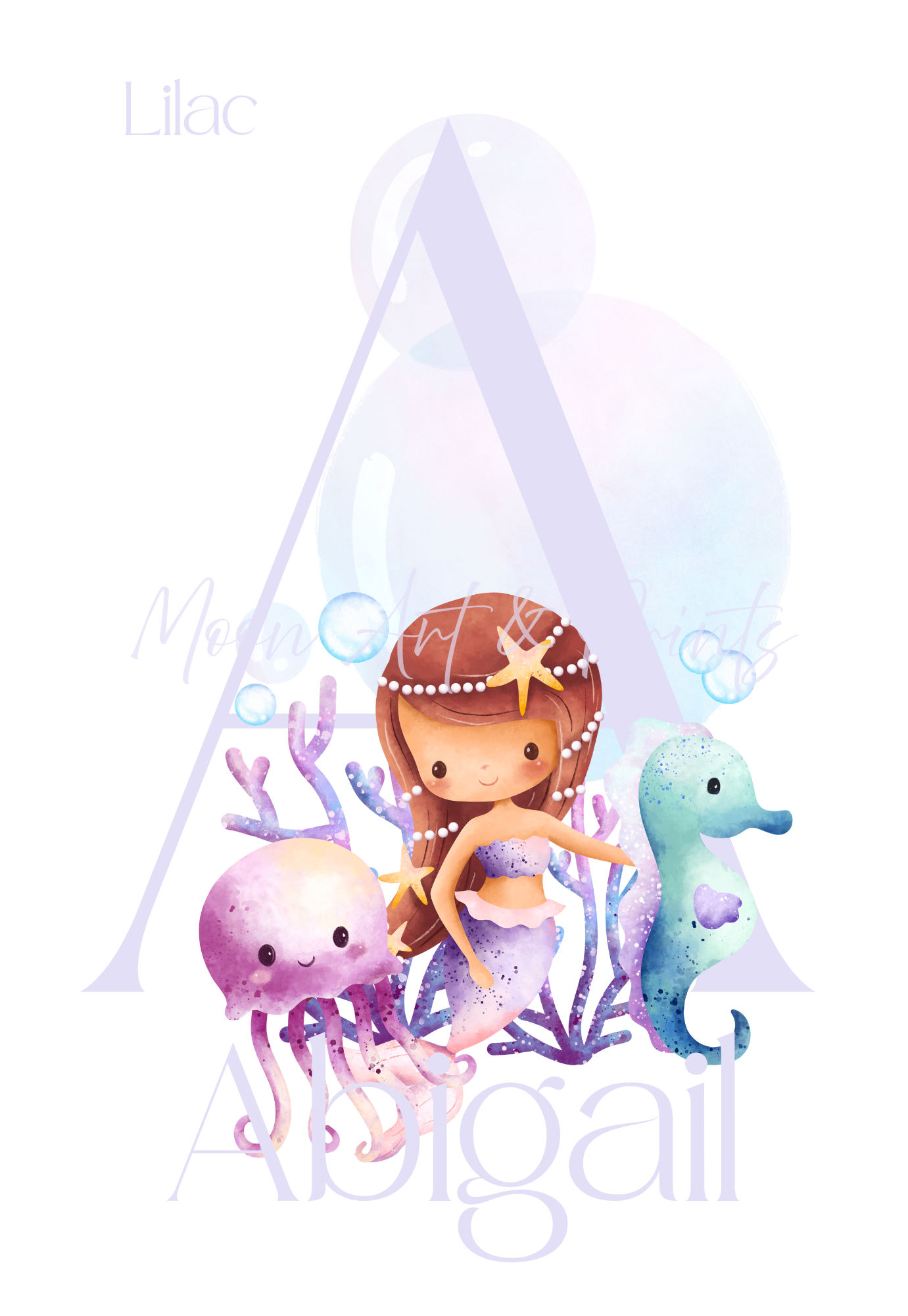 Underwater-themed design with a mermaid, seahorse, and octopus, featuring the name 'Abigail' in lilac