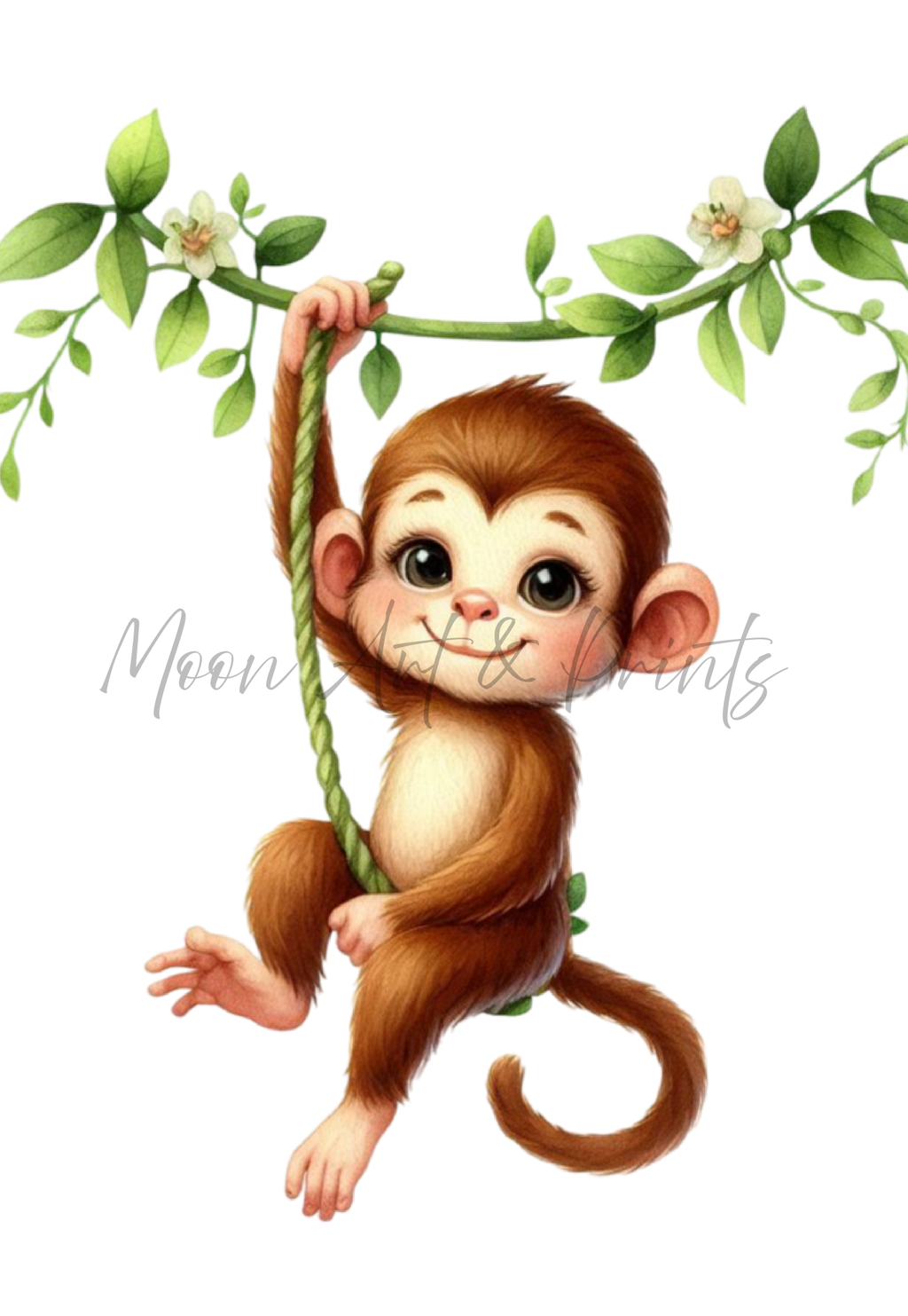 Adorable baby monkey swinging from a branch surrounded by green leaves.