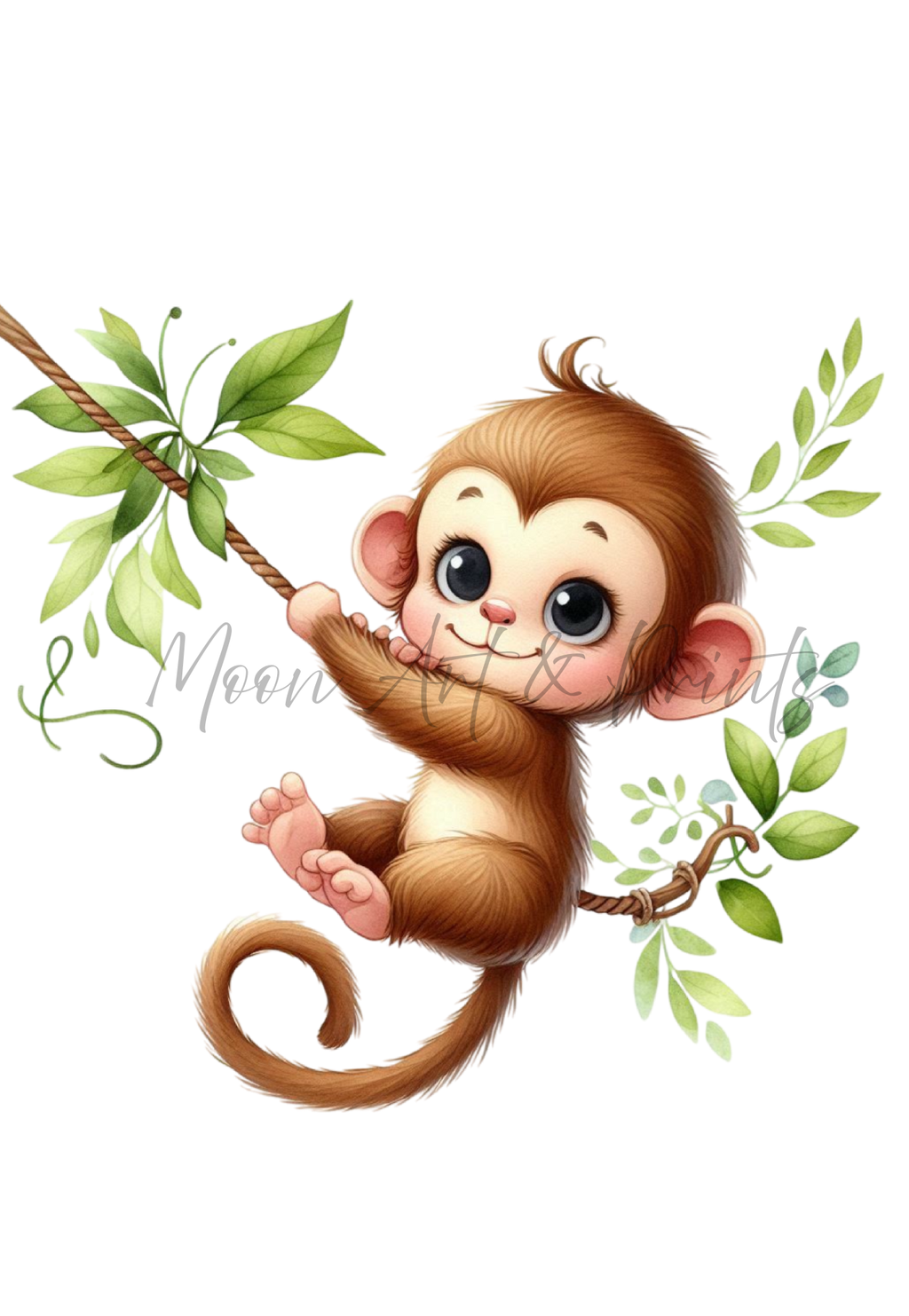 Sweet baby monkey holding a vine and smiling, with leafy branches above