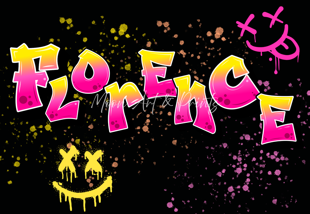 Colourful text with name on a black background with abstract designs.