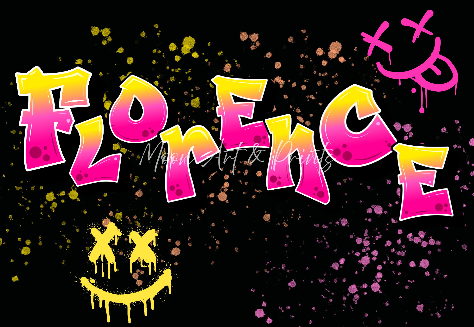 Colourful text with name on a black background with abstract designs.