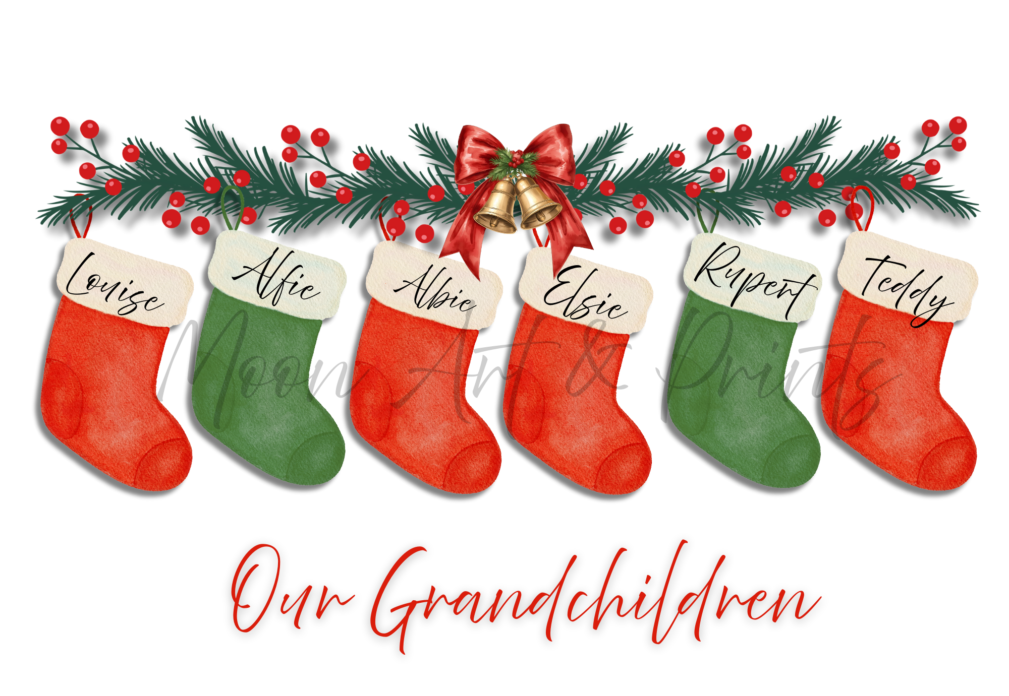 Personalised Family Christmas Stocking Print – Custom Names, Festive Mantle Design