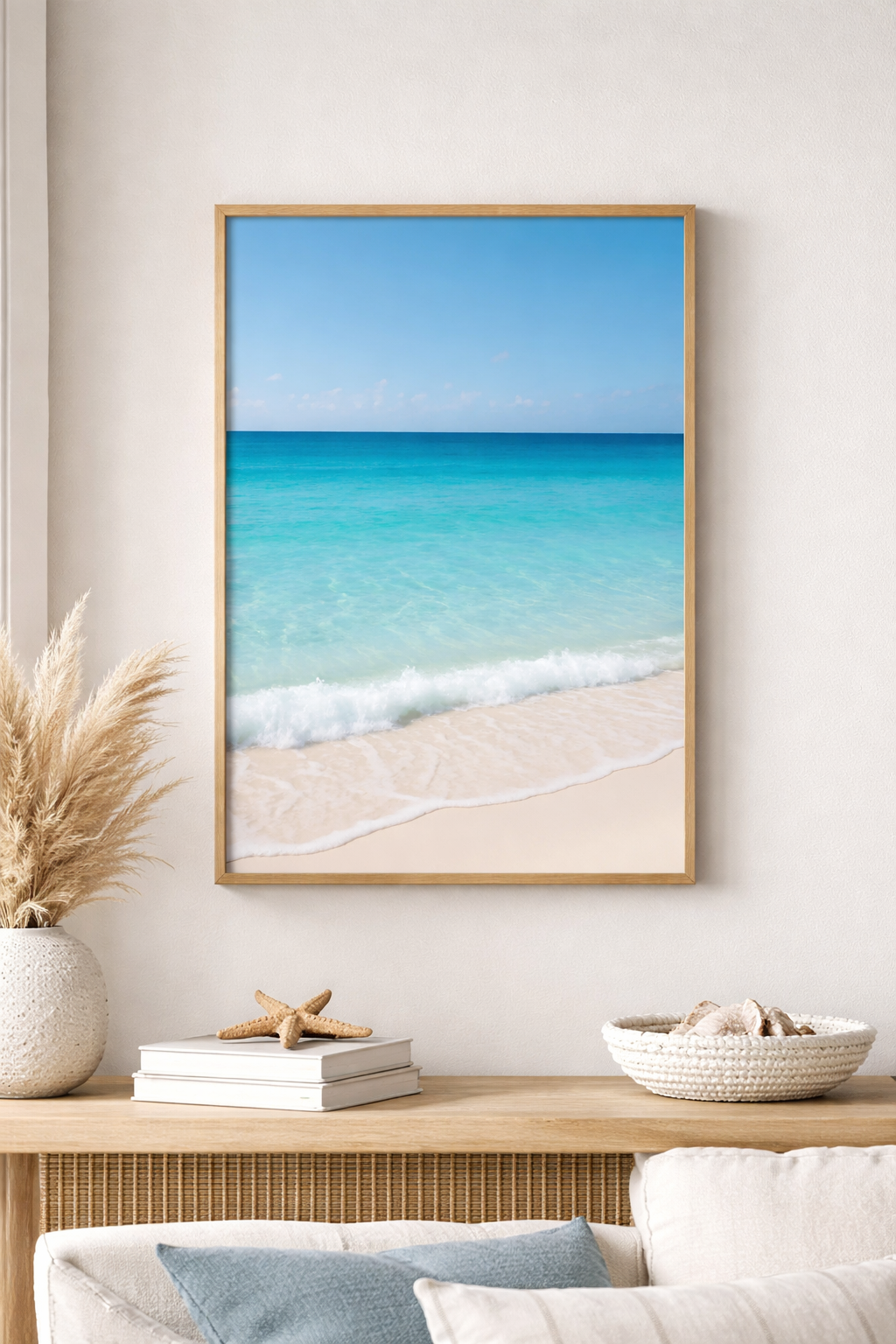 Beach and ocean scene turquoise calm water in a living room setting