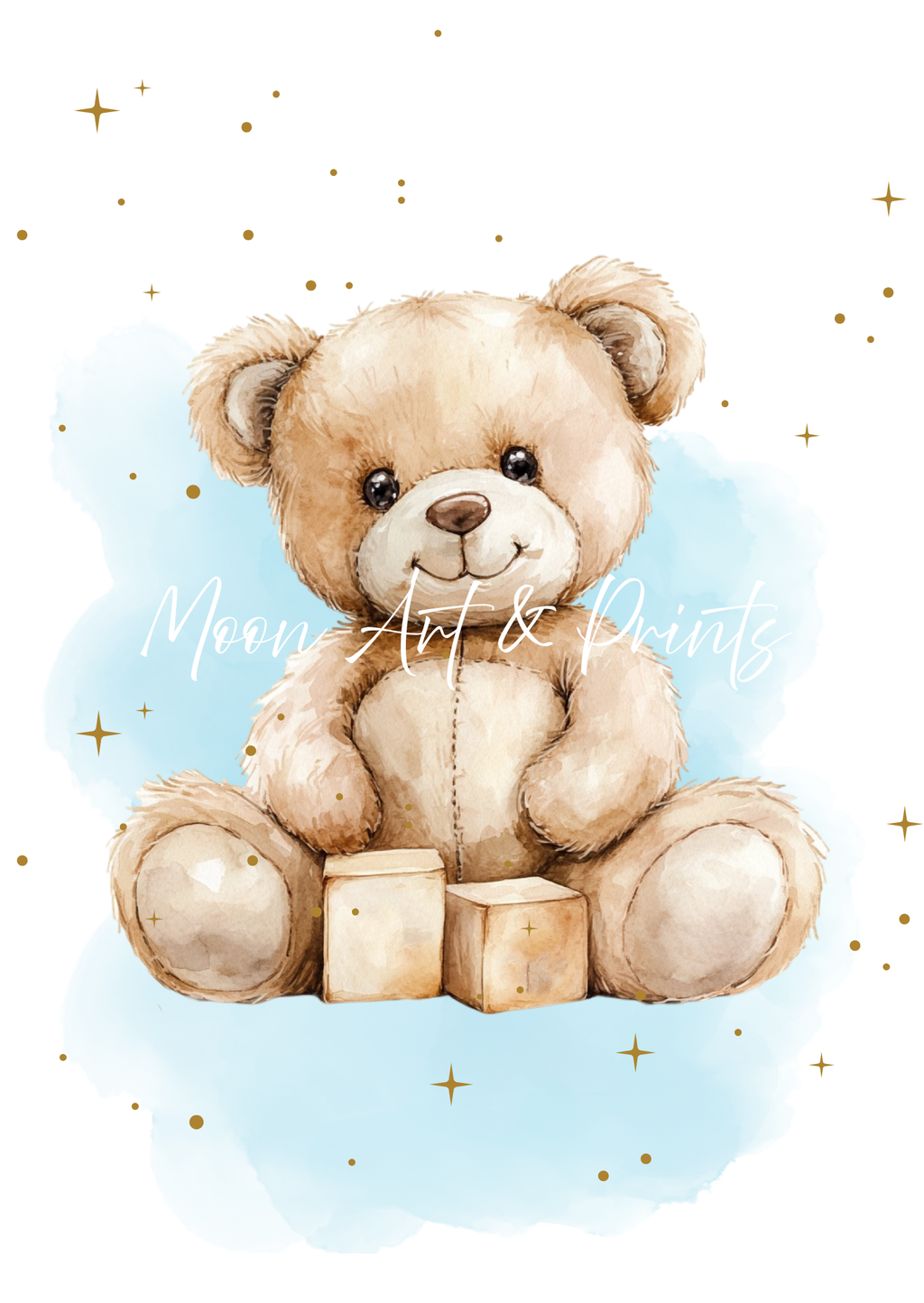Personalised teddy bear nursery wall art in soft blue tones for baby boy room