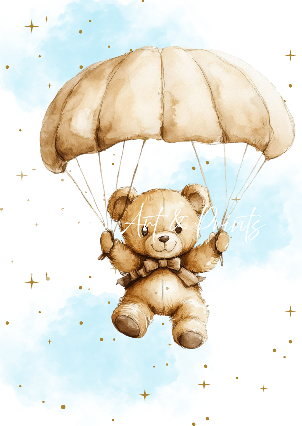 Teddy bear with a parachute against a blue sky background