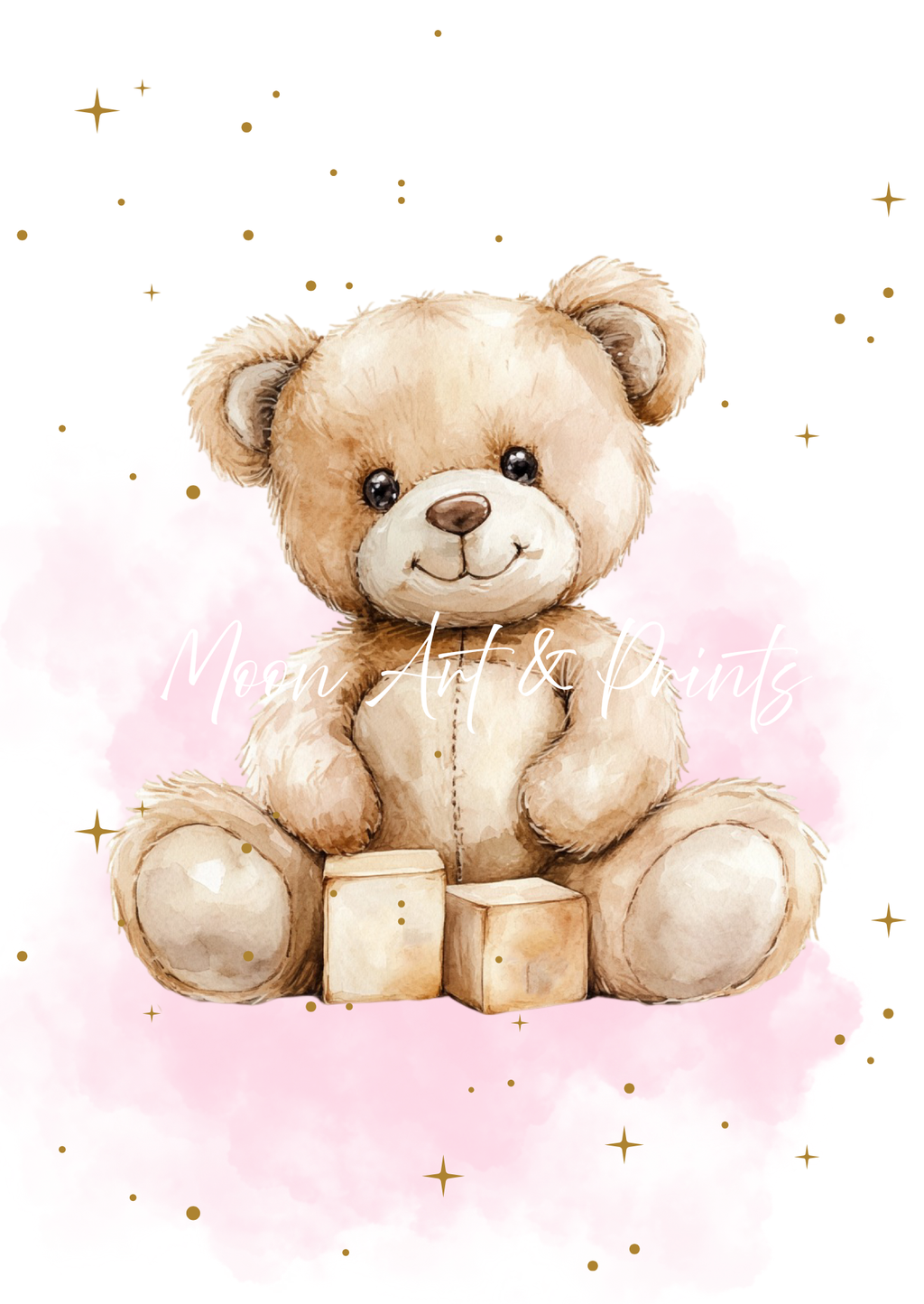 Teddy bear with building blocks on a pink background with gold stars