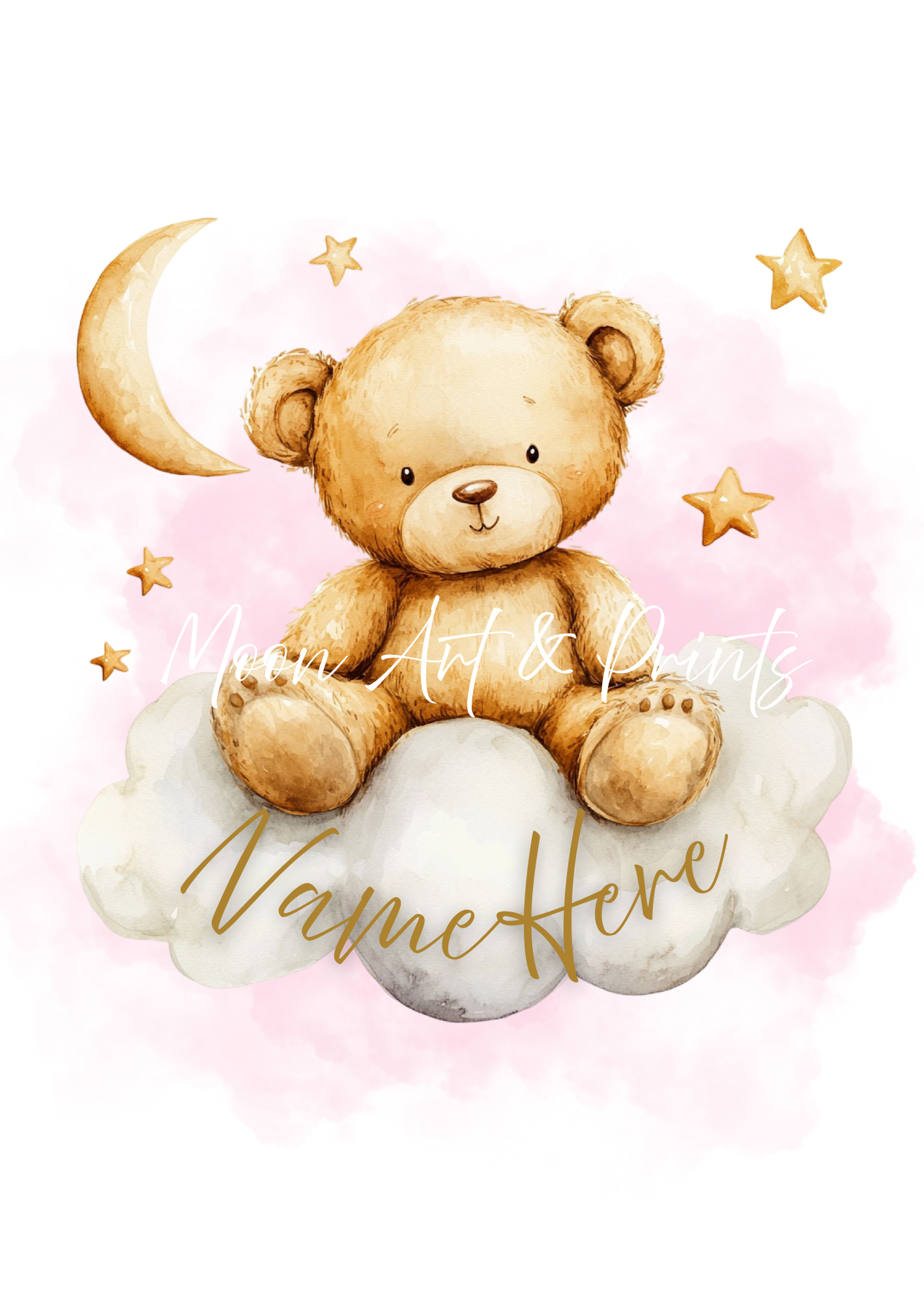 Pink teddy bear nursery print with personalised name for children
