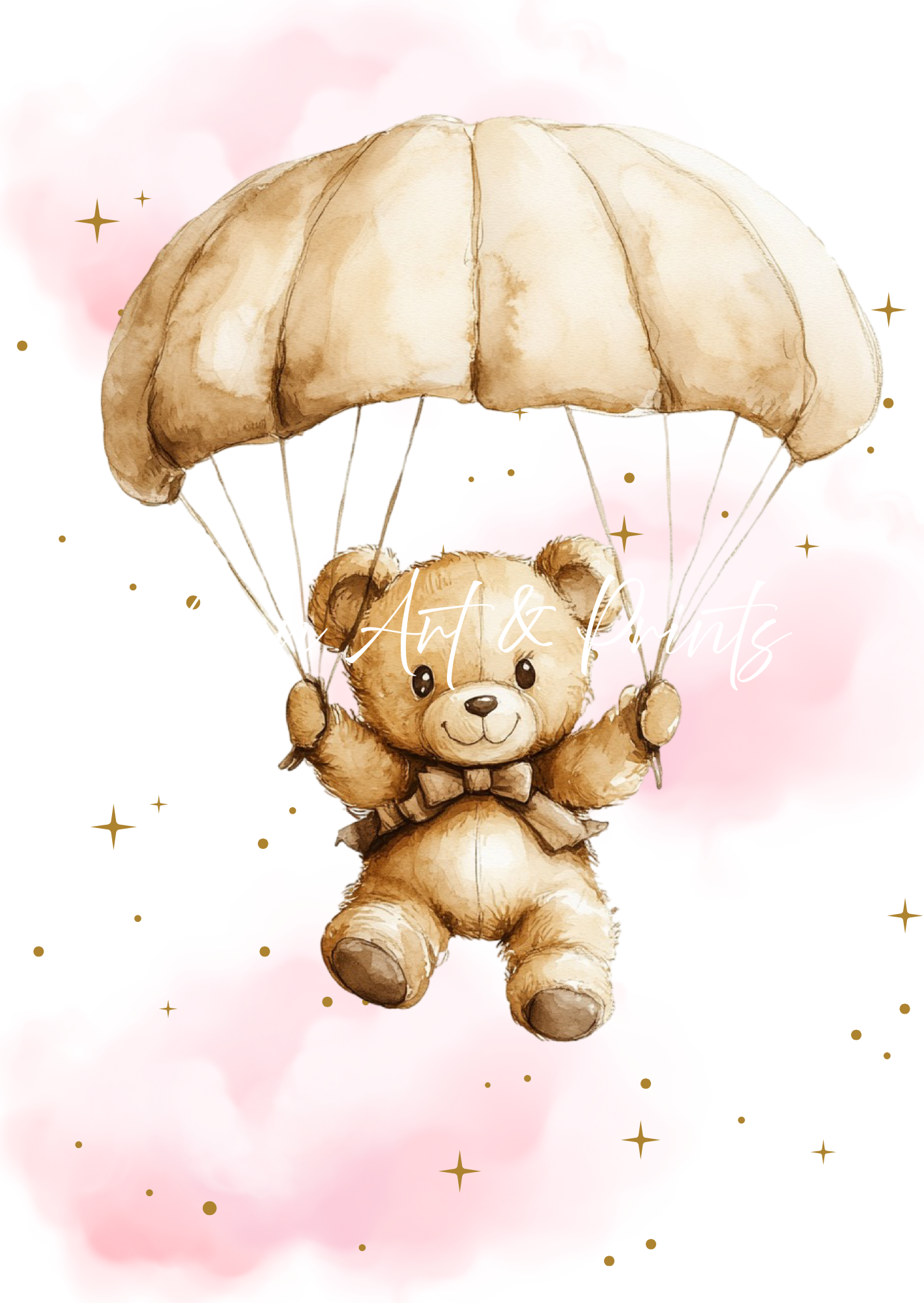 Illustration of a teddy bear with a parachute on a pink background