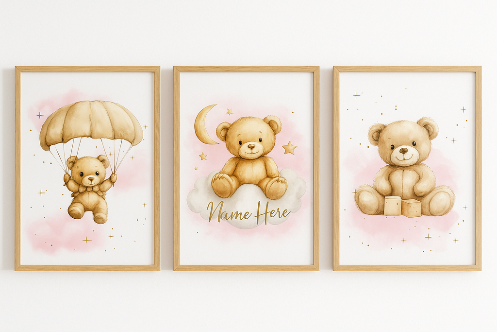 Personalised baby nursery wall art with cute teddy bears and stars