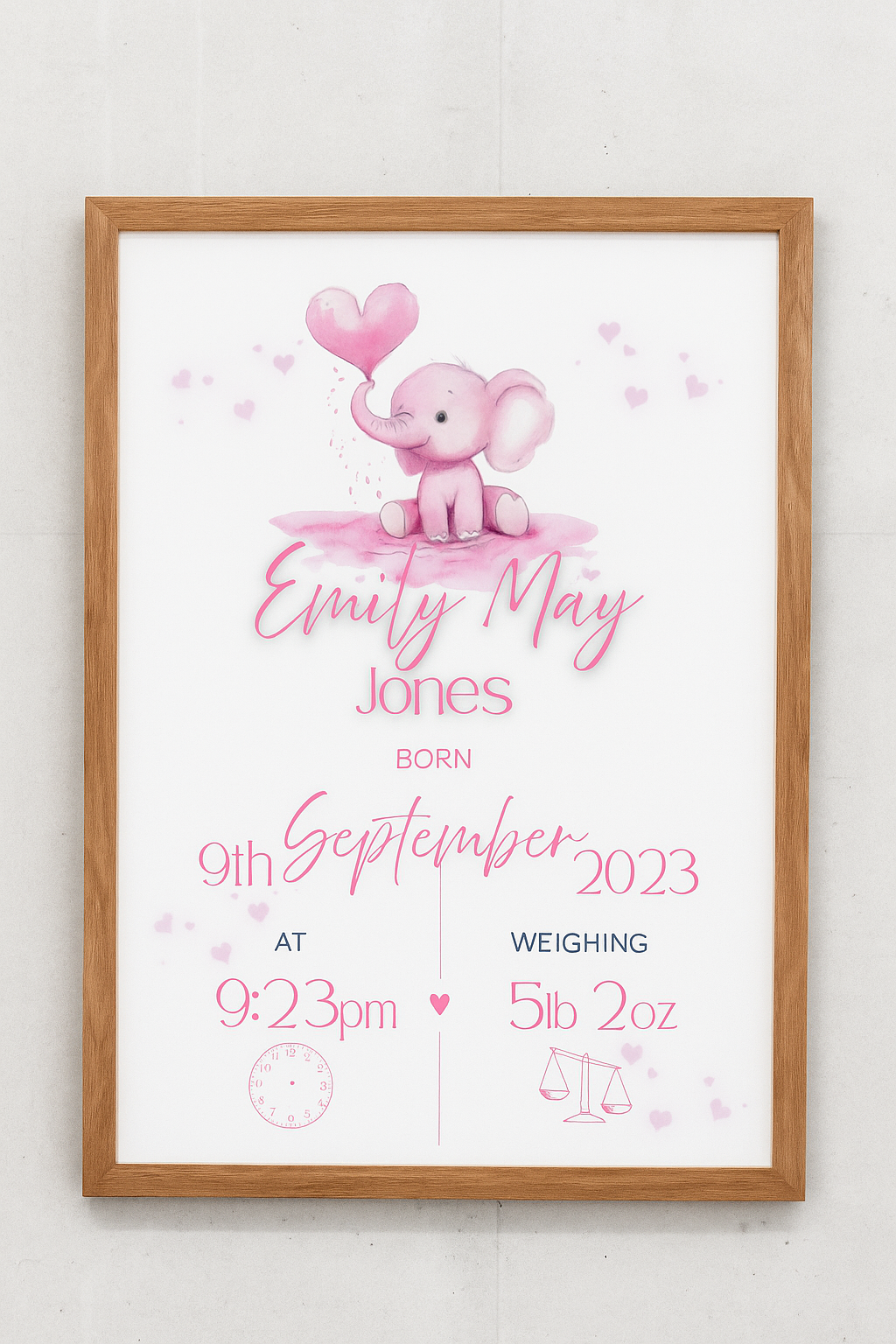 Custom elephant nursery wall art with baby birth details