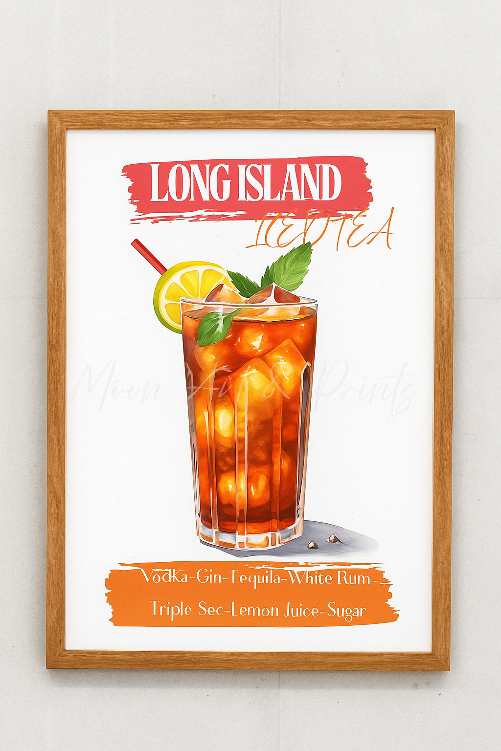 Print of a Long Island Iced Tea with ingredients listed.