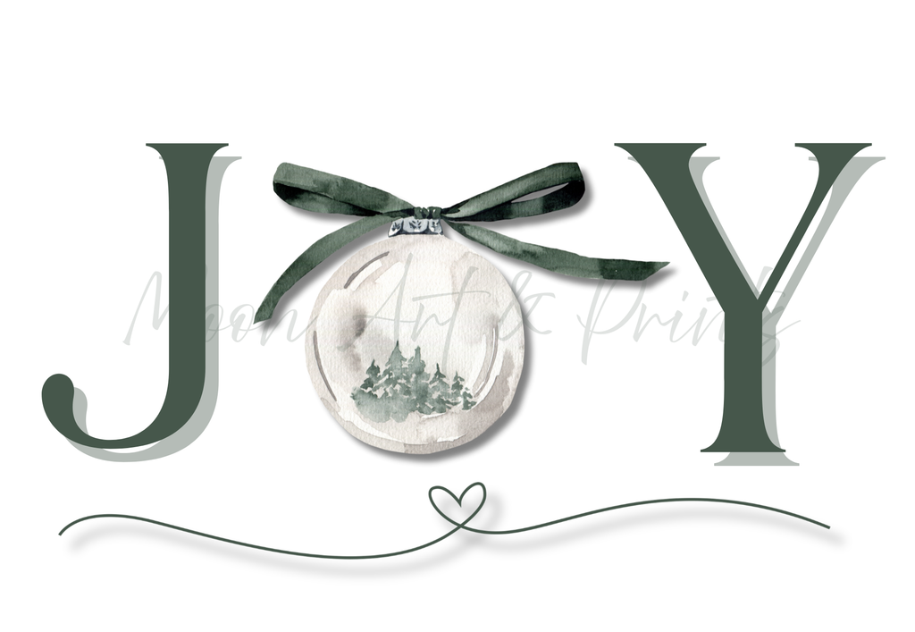 Watercolour “JOY” typography print with a bauble illustration replacing the letter O, featuring a ribbon and forest scene.