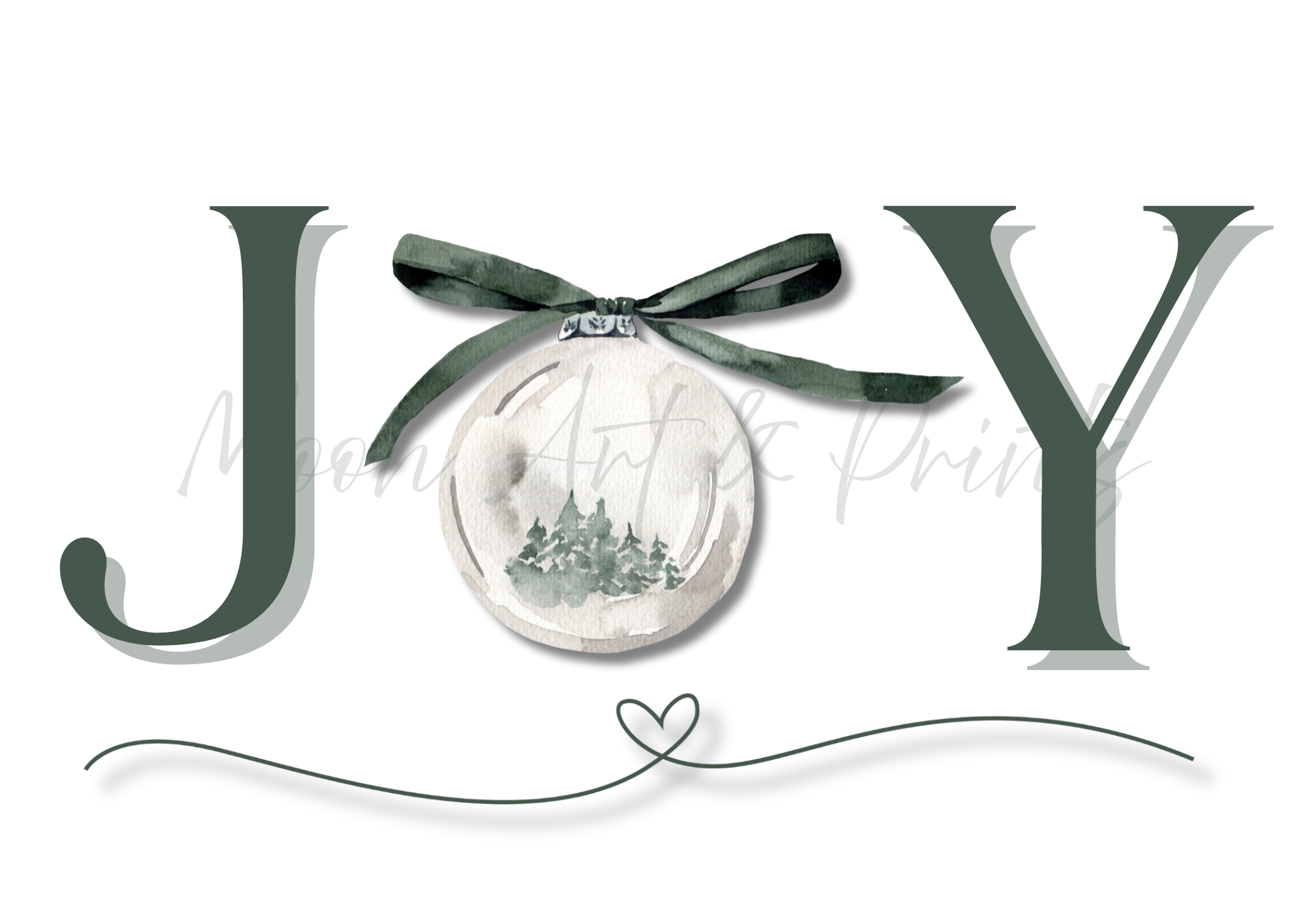 Watercolour “JOY” typography print with a bauble illustration replacing the letter O, featuring a ribbon and forest scene.