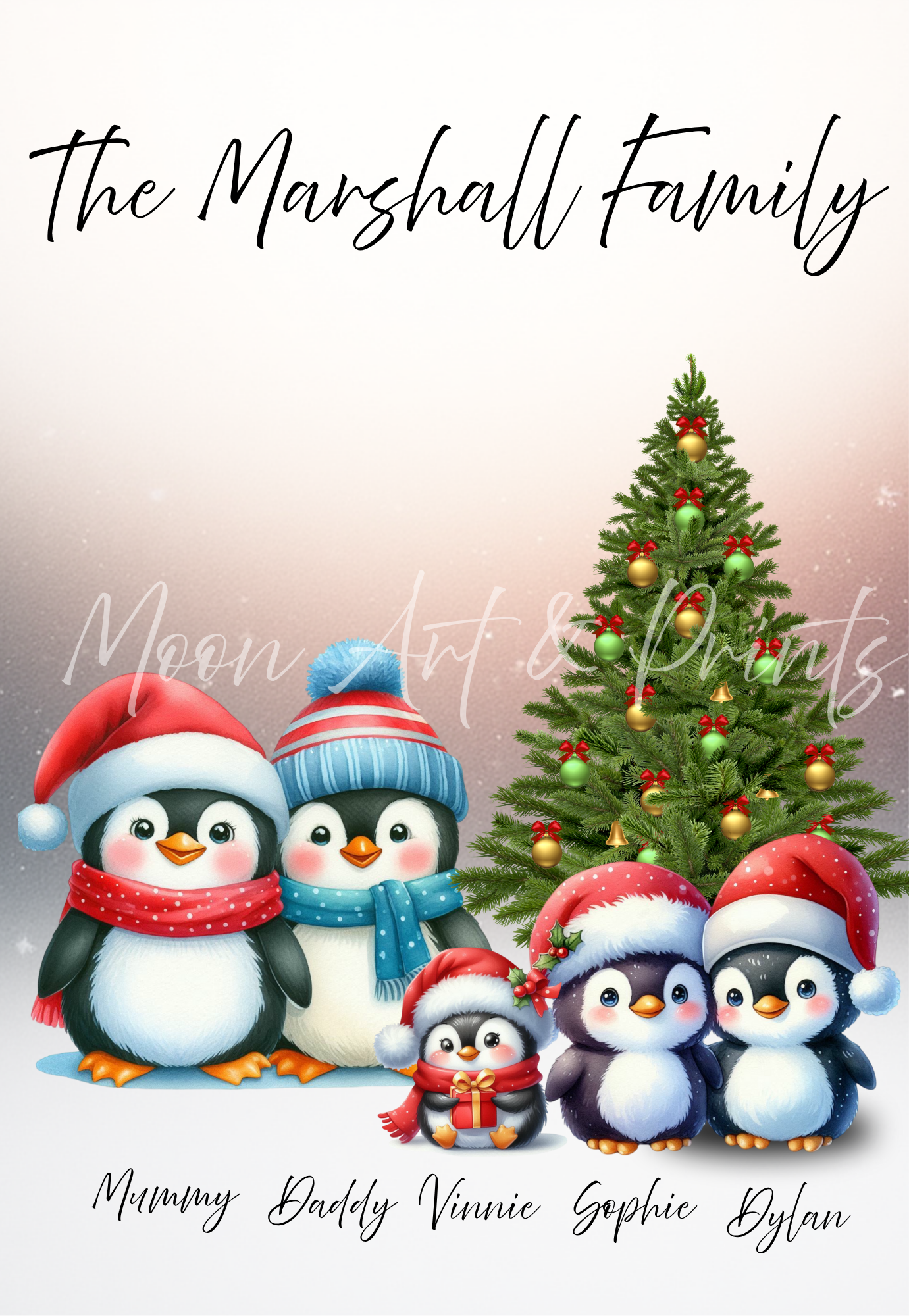 Festive penguin family print with personalised names for holiday gift