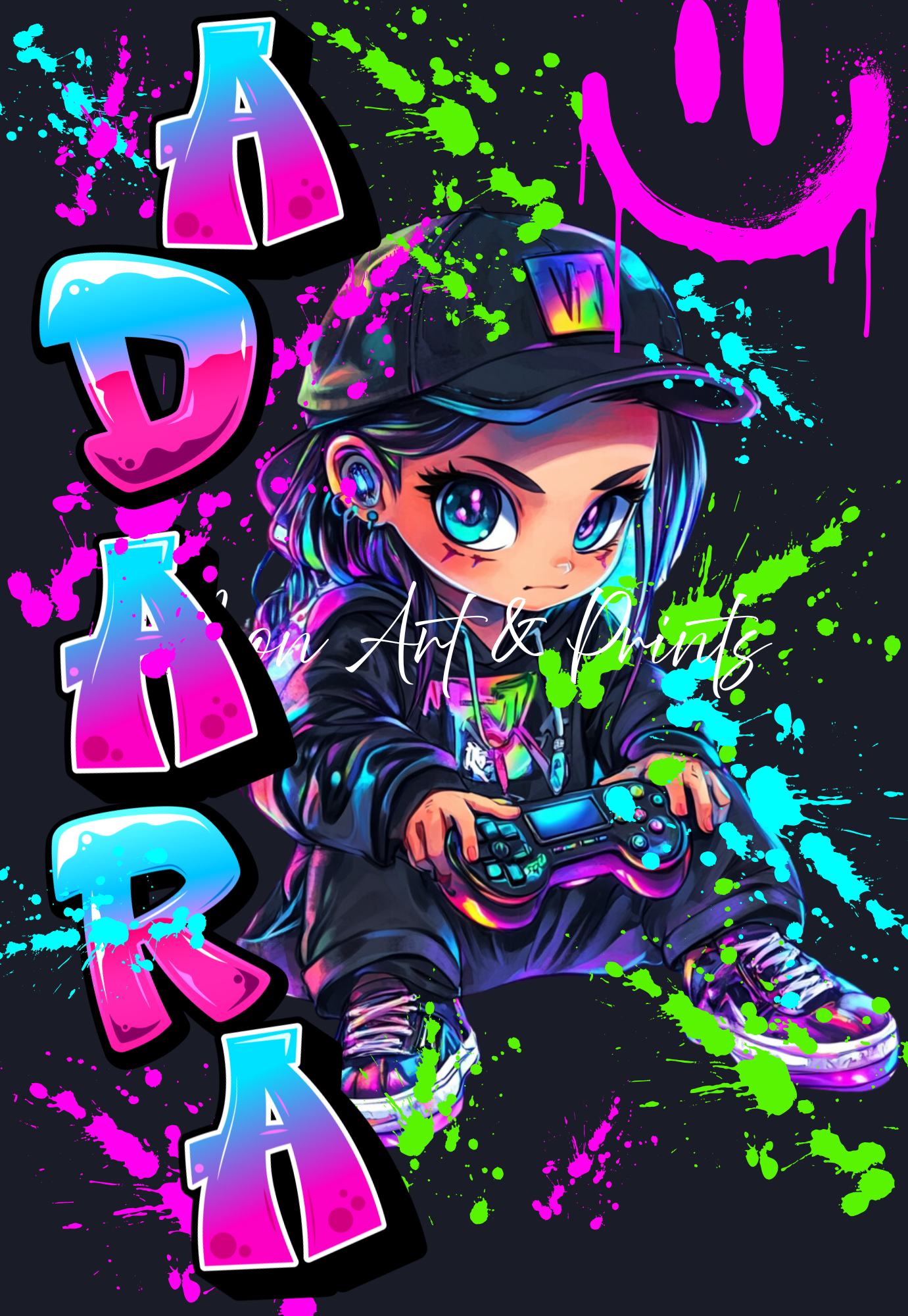 Custom gaming room wall art with neon graffiti style lettering