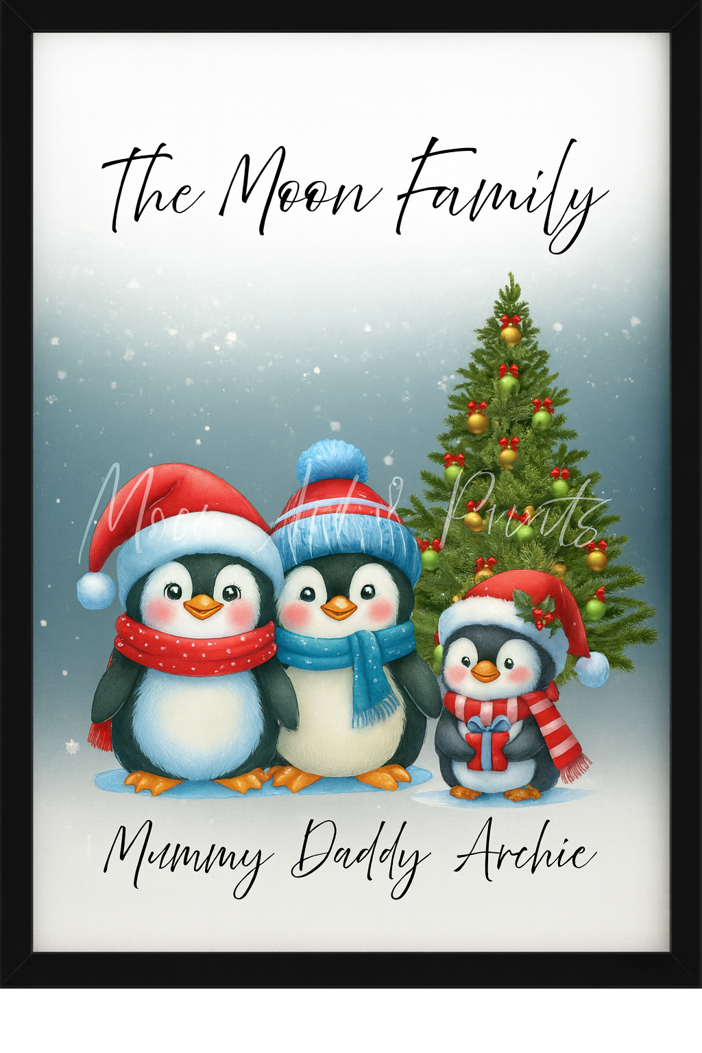 Custom penguin family wall art in elegant frame for Christmas deco